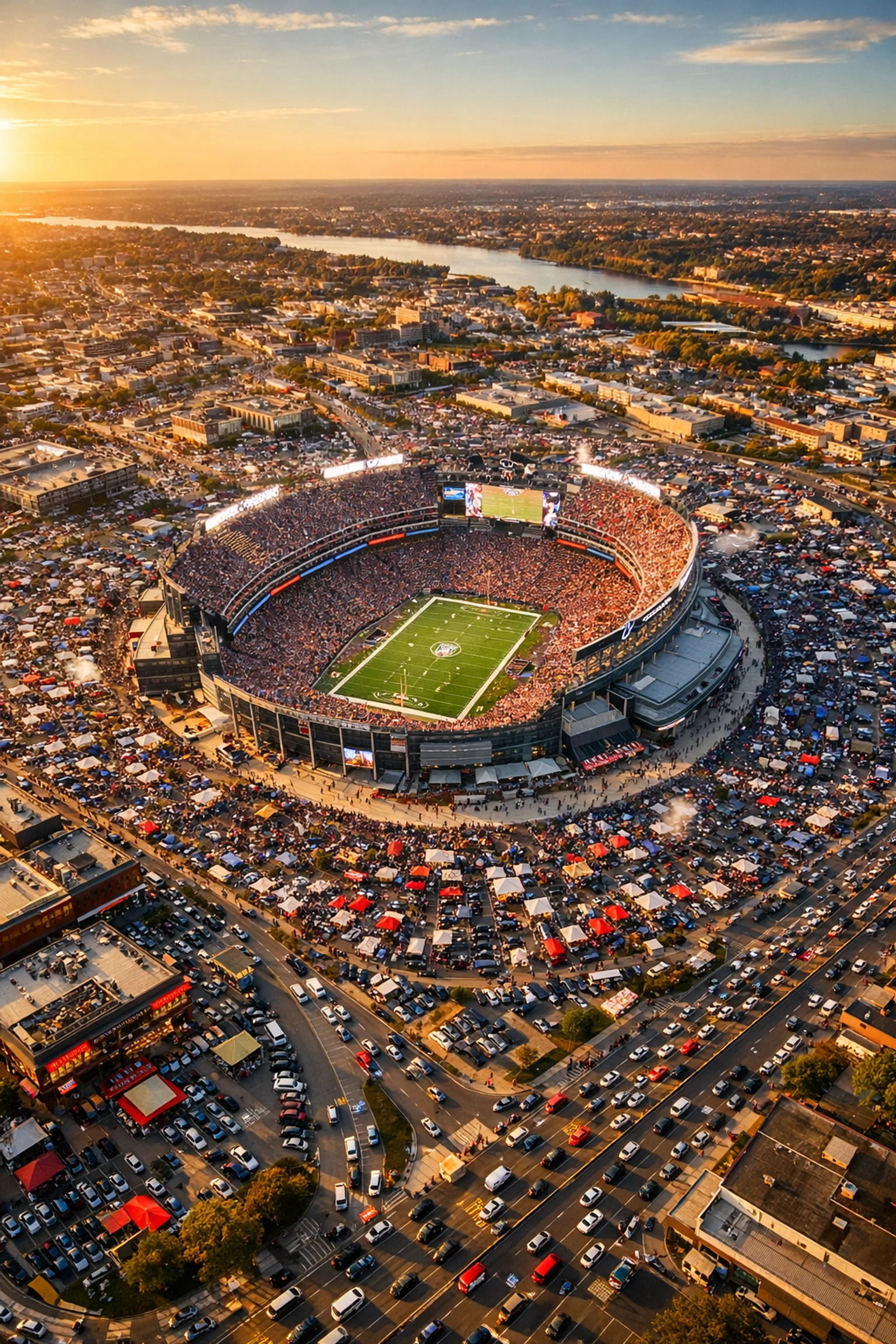 Aerial view of NFL stadium on game day showing 3-mile radius fan activity and OOH Sports marketing zone