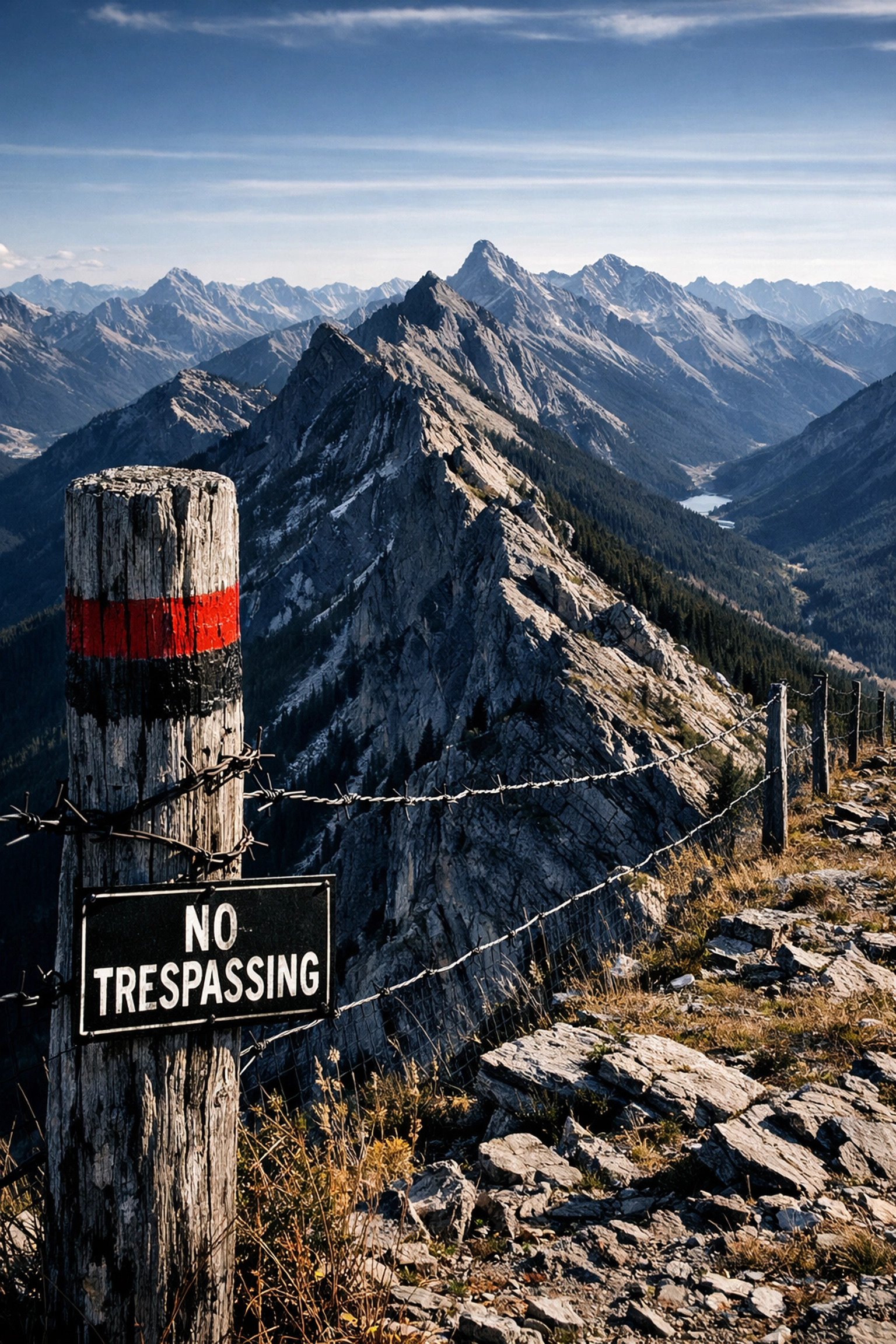 Rocky Mountains forming Alberta's border with fence post marking provincial jurisdiction