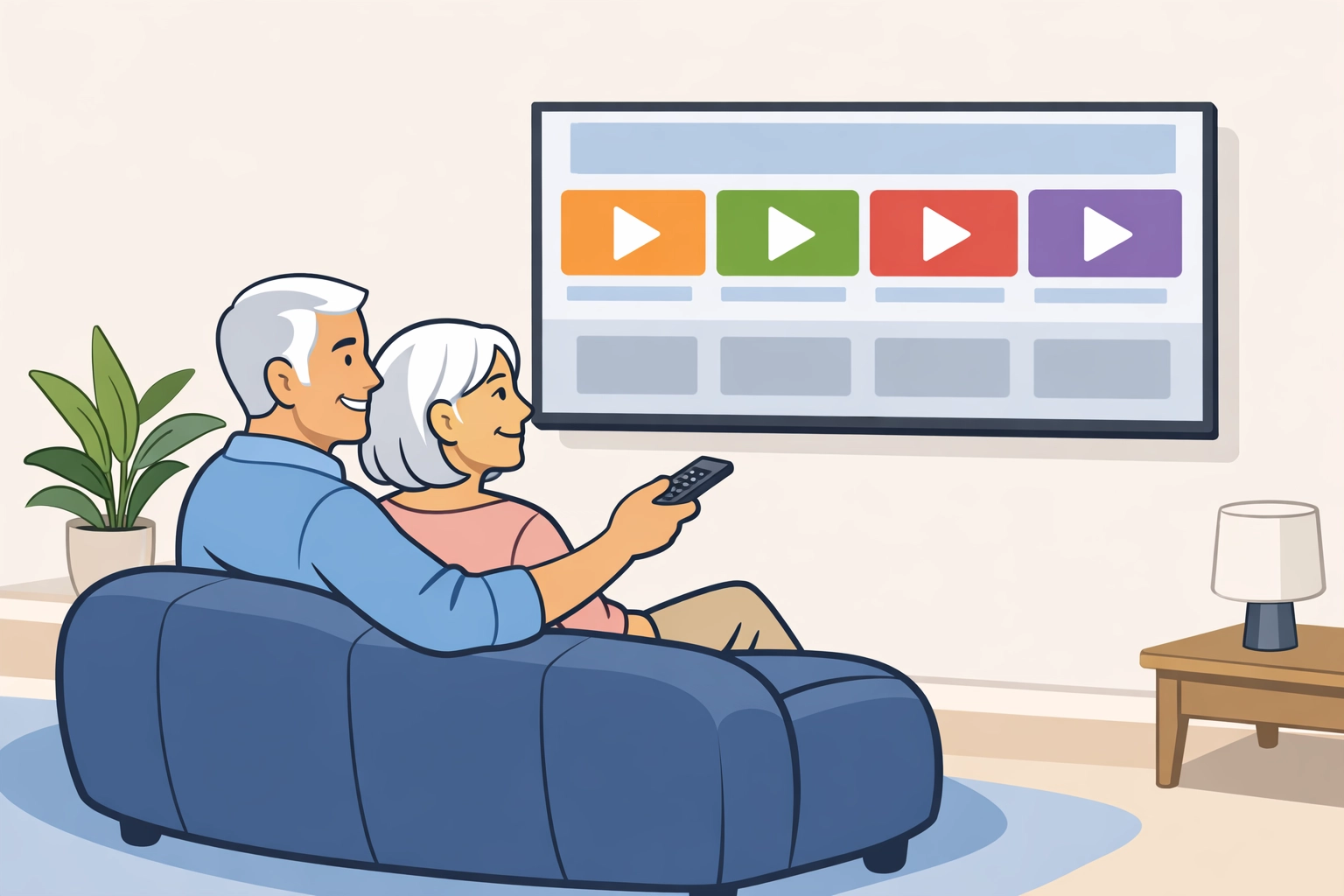 Older couple streaming content on a smart TV, representing Boomer cord-cutters in political CTV advertising.