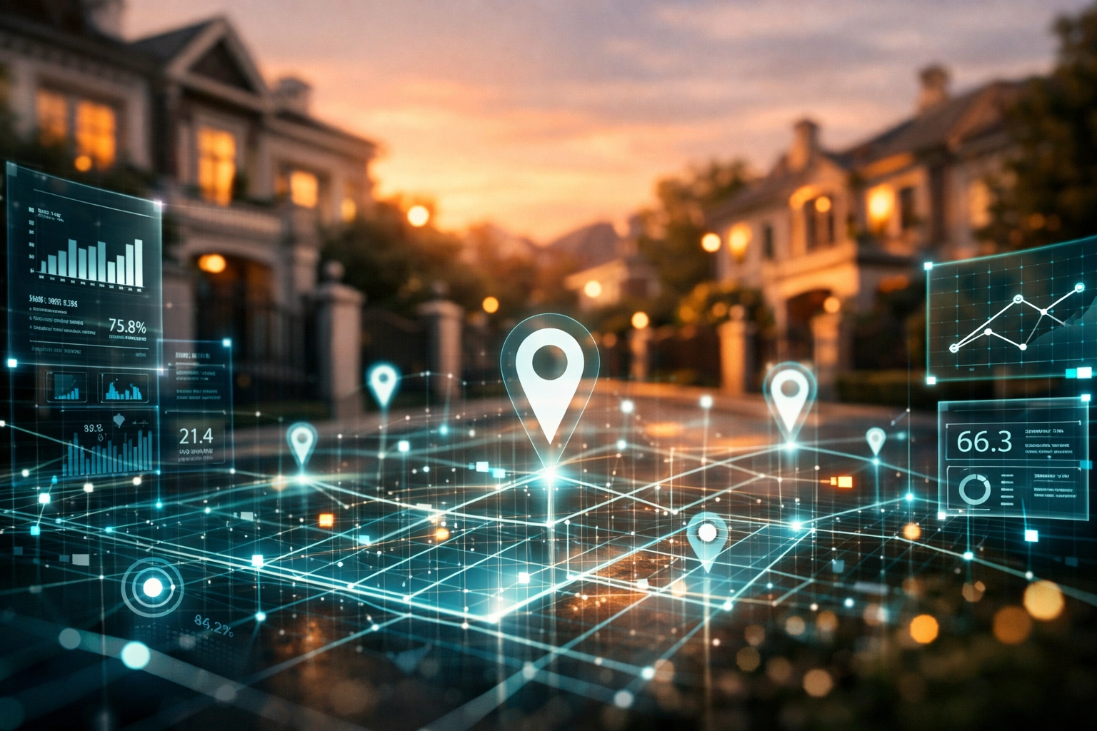 High net worth residential properties overlaid with digital data networks and vulnerabilities