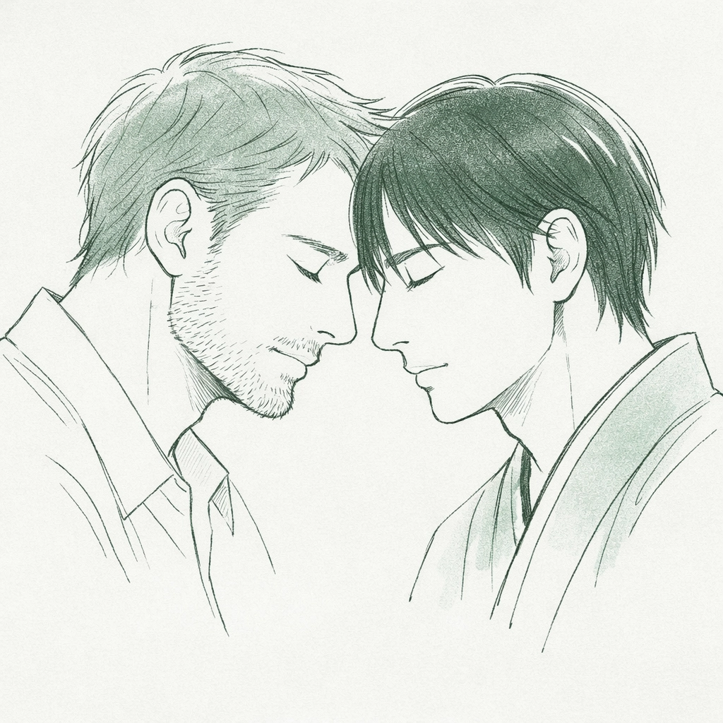 Intimate moment of vulnerability between two men in a cross-cultural MM contemporary romance.