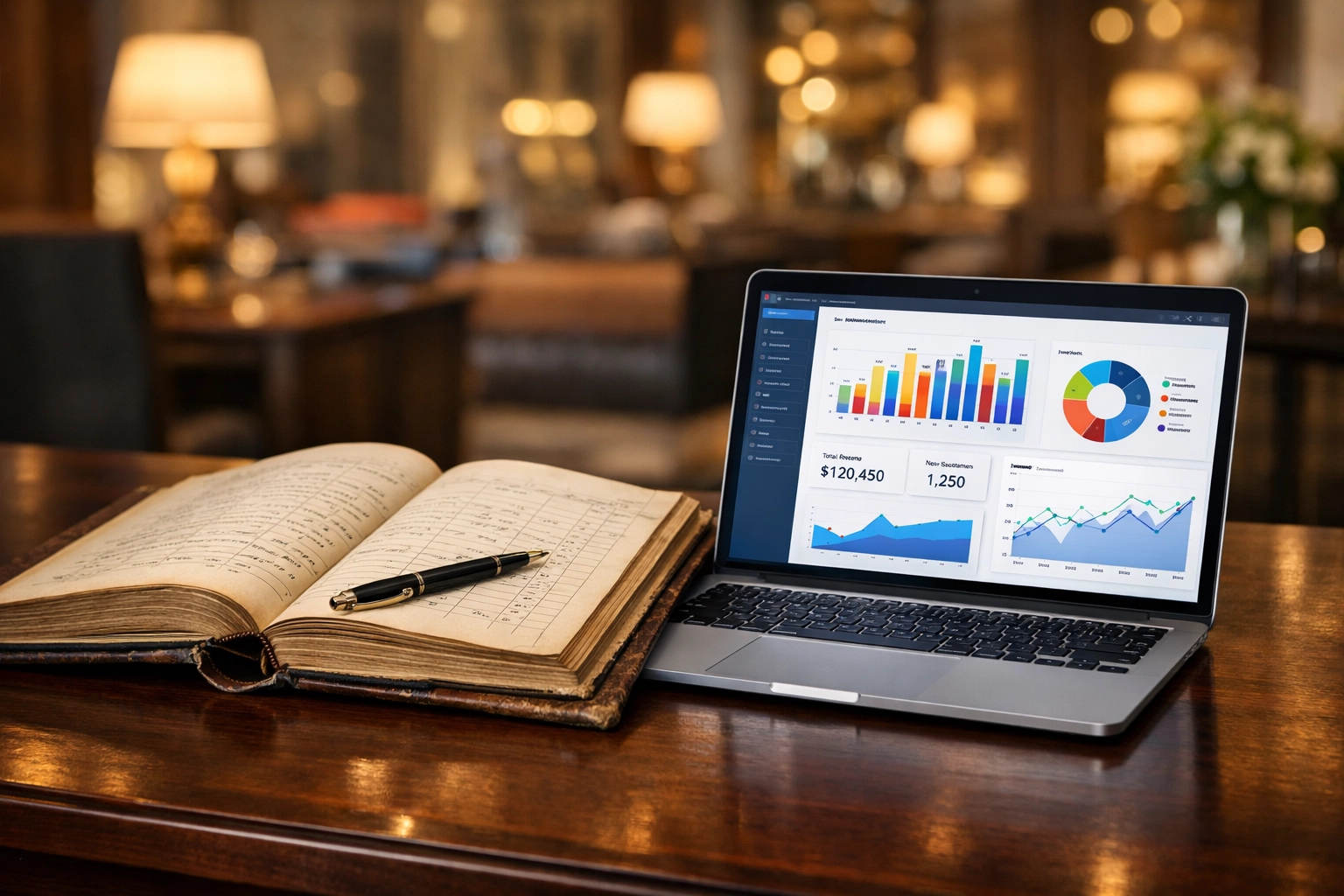 Evolution of night audit from traditional paper ledgers to modern digital hotel management software.