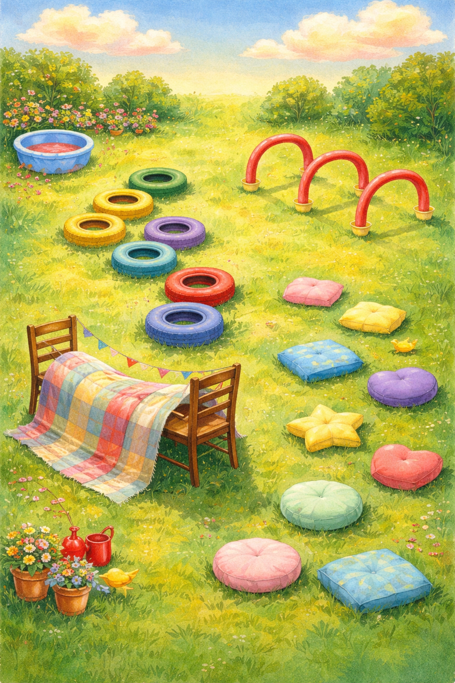 Bird's eye view of a kid-friendly backyard obstacle course with tires, tunnels, and stepping stones