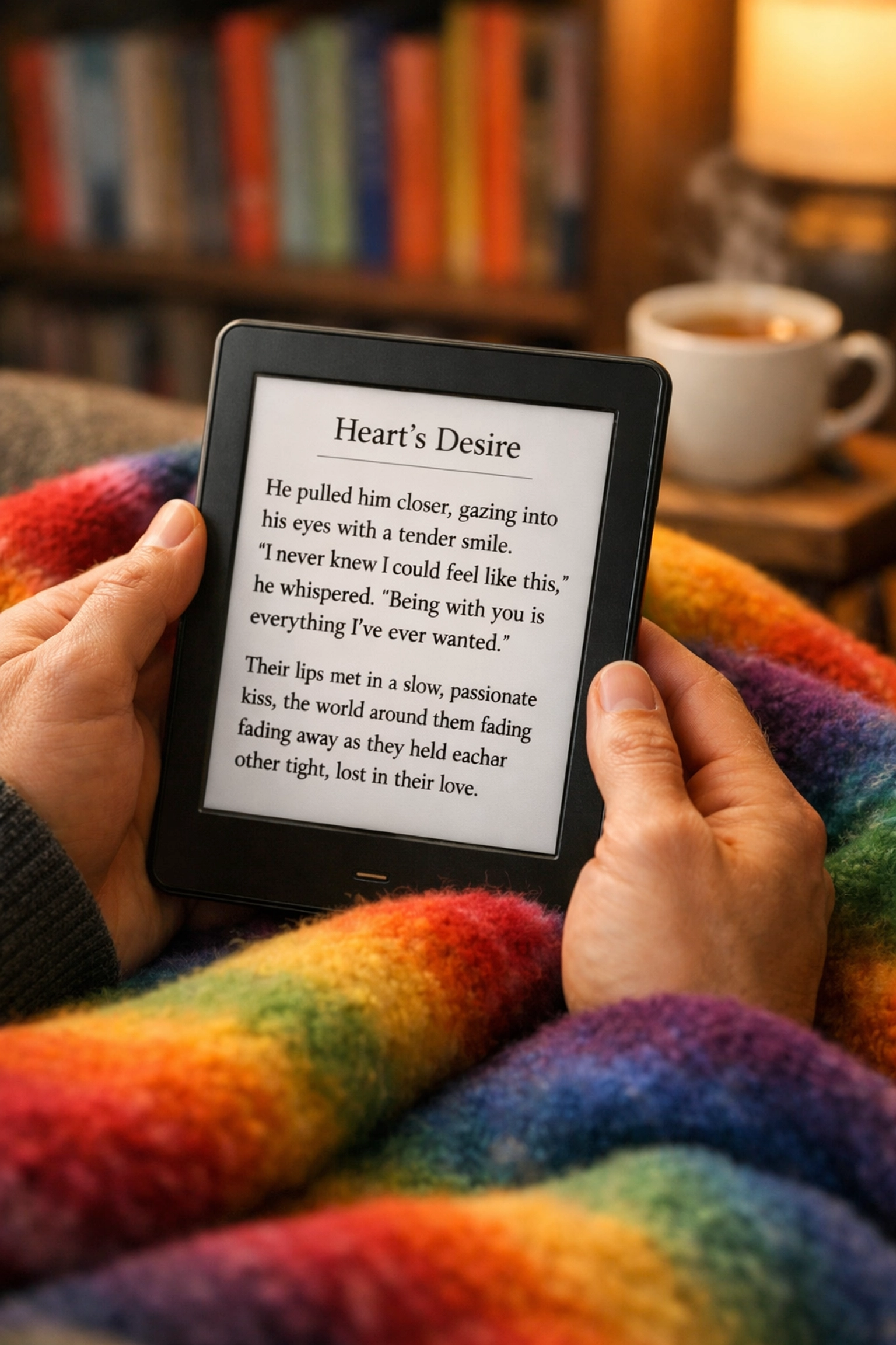 A person reading an MM romance e-book under a pride blanket, promoting relaxation through queer fiction.