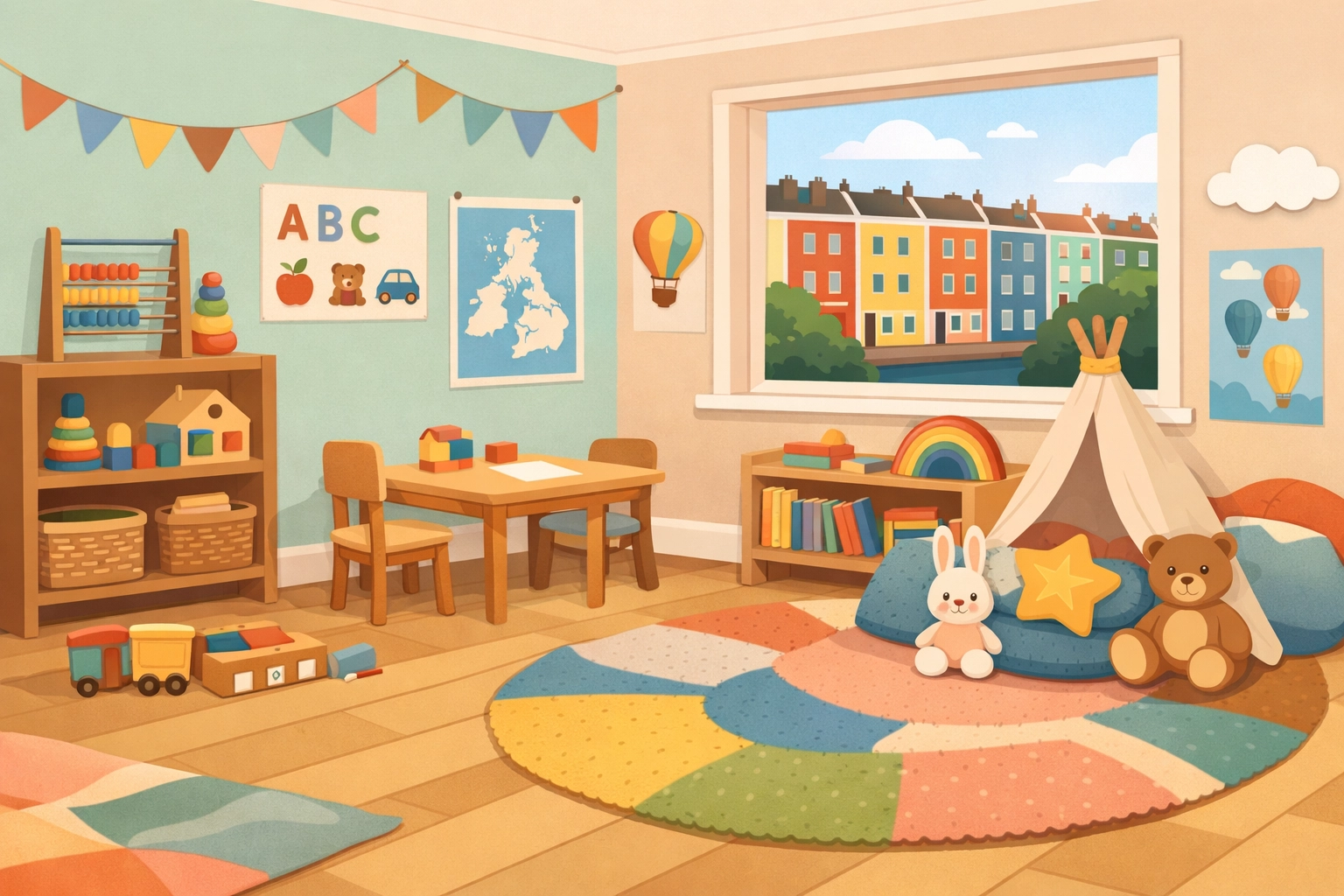 Modern Bristol nursery playroom illustration featuring colourful houses, emphasizing a safe environment for children.