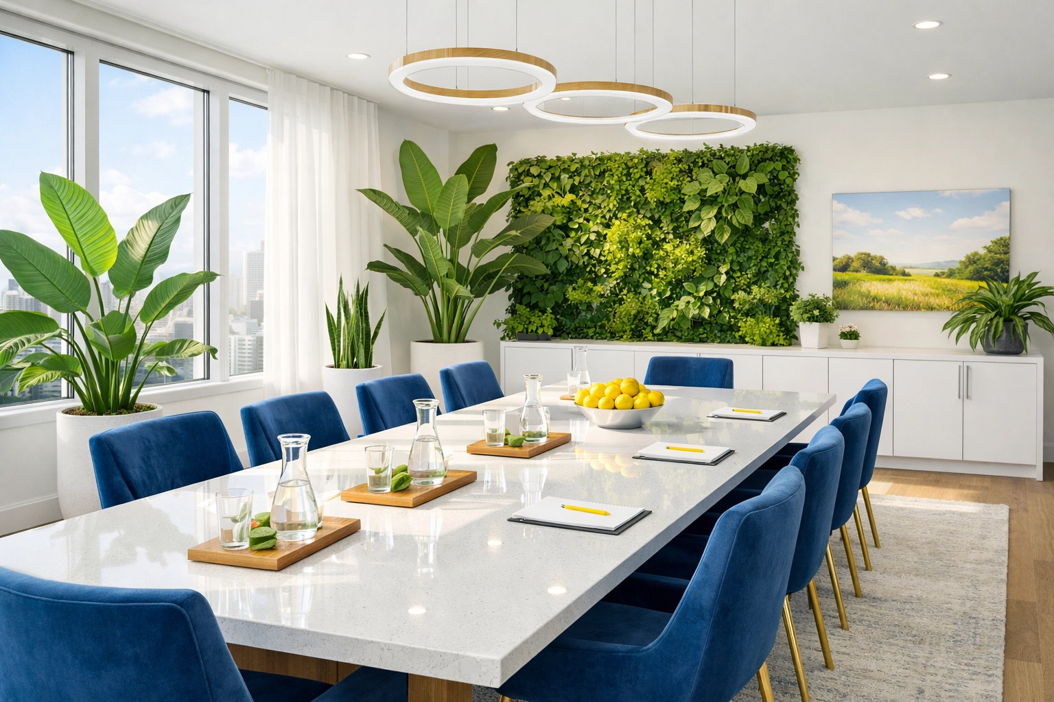 Sunlit executive conference room in Westwood, MA, maintained by professional janitorial services for a healthy workplace.