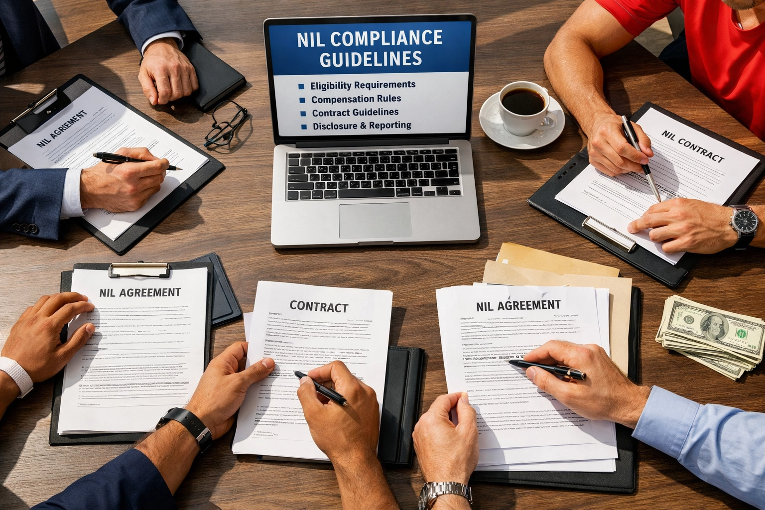 Business professionals and athletes reviewing NIL compliance contracts and legal documents