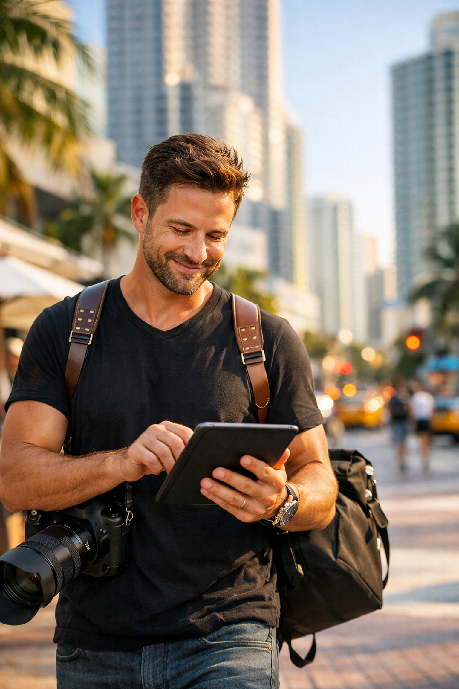 Professional photographer checking a tablet for new job bookings in a vibrant urban city center.
