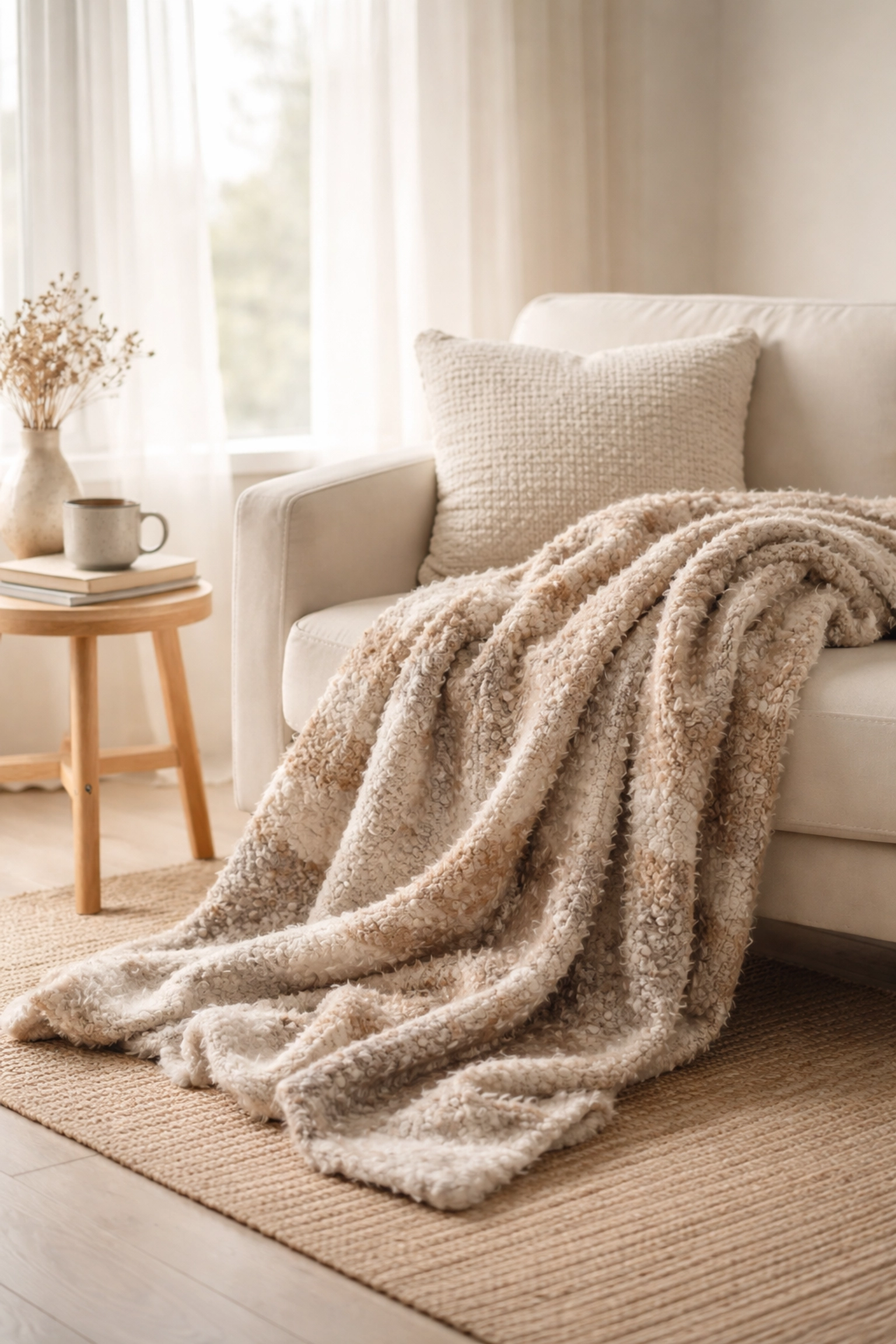 Cozy throw blanket draped on a chair with a mug and cushion, ideal Australian gift for her