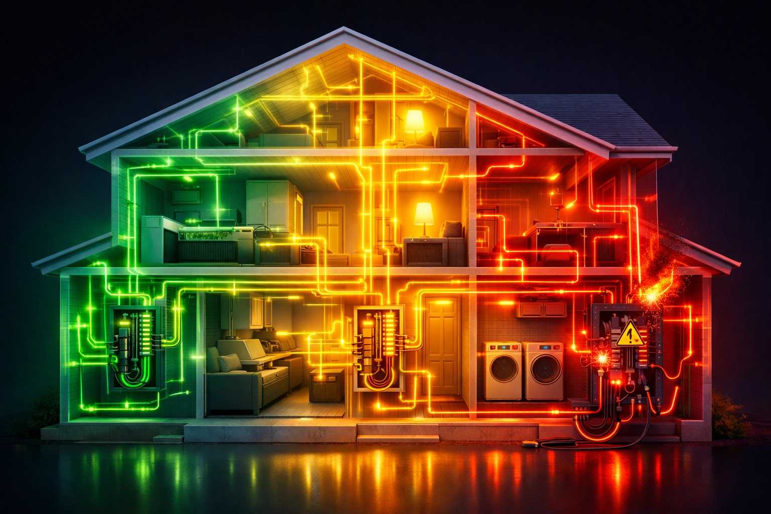 Home electrical system showing how problems spread from healthy circuits to damaged wiring