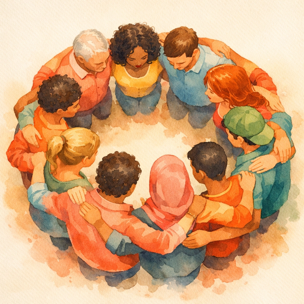 Church community standing together in supportive circle during healing journey