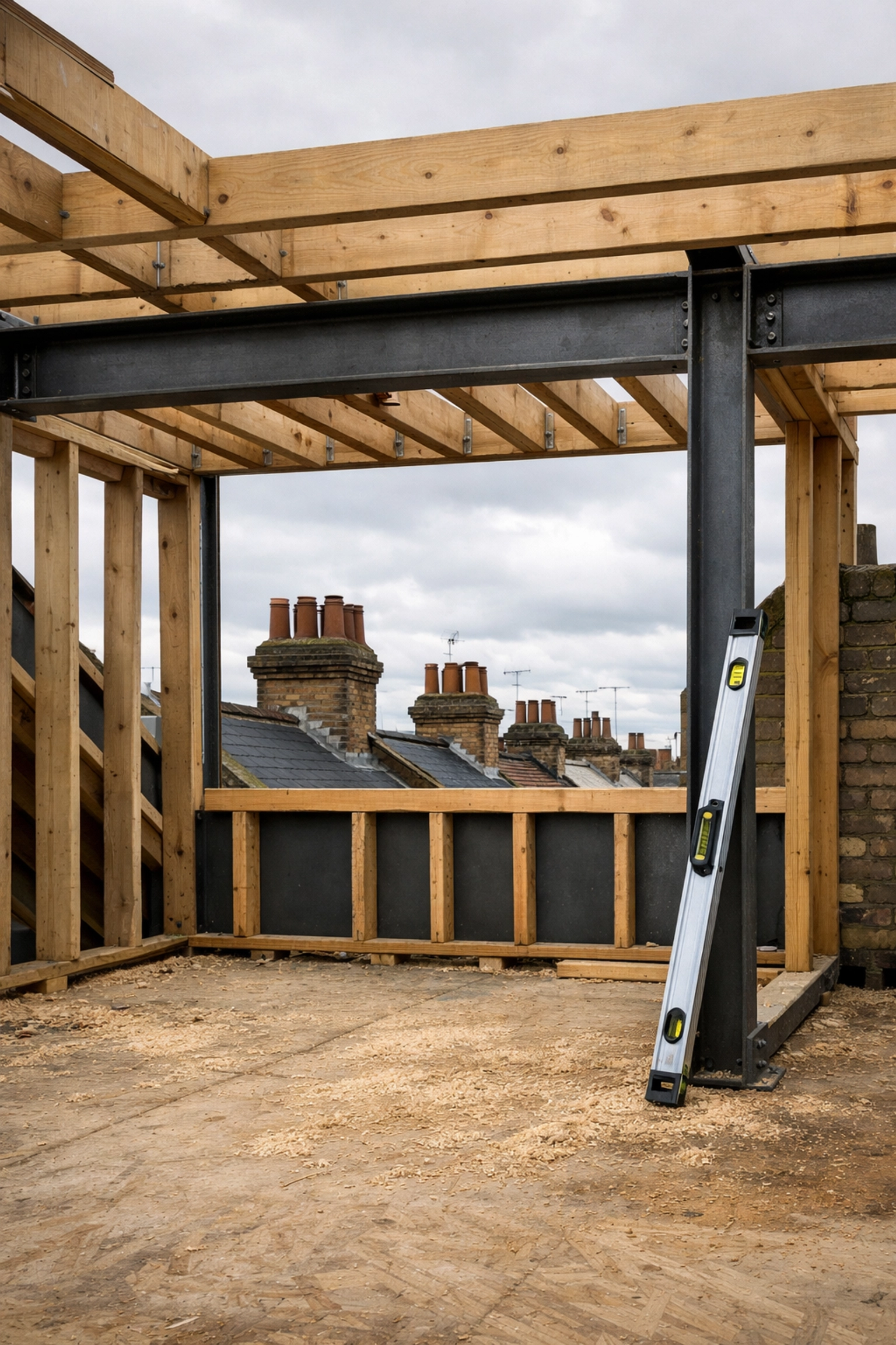 Structural steel beams and timber framing for a loft conversion in a North London terraced house.