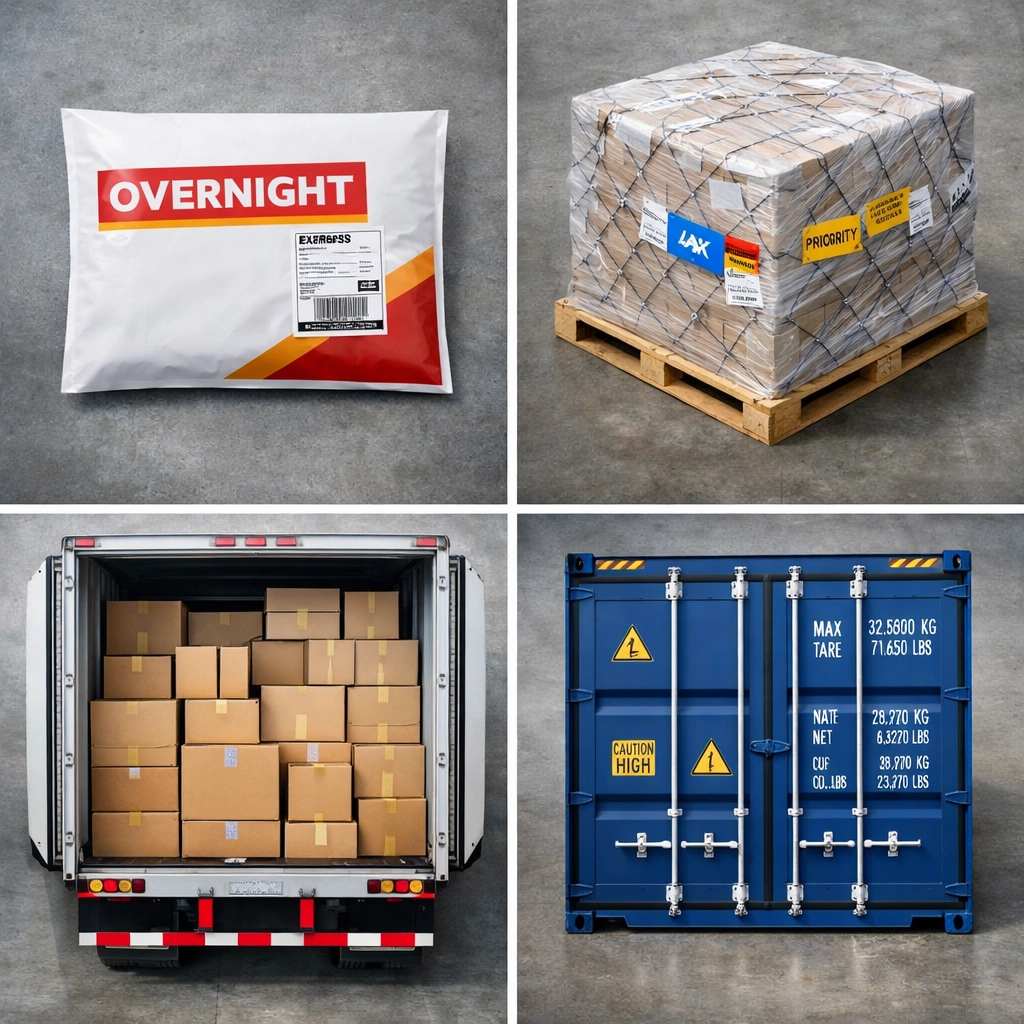 Four UK to Italy shipping methods including express air road and sea freight options