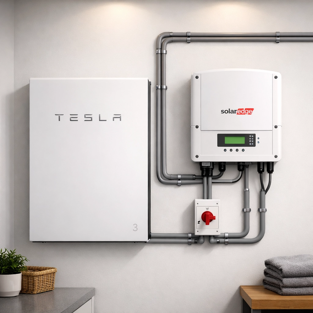 Tesla Powerwall 3 battery and SolarEdge inverter professionally installed in a UK home.