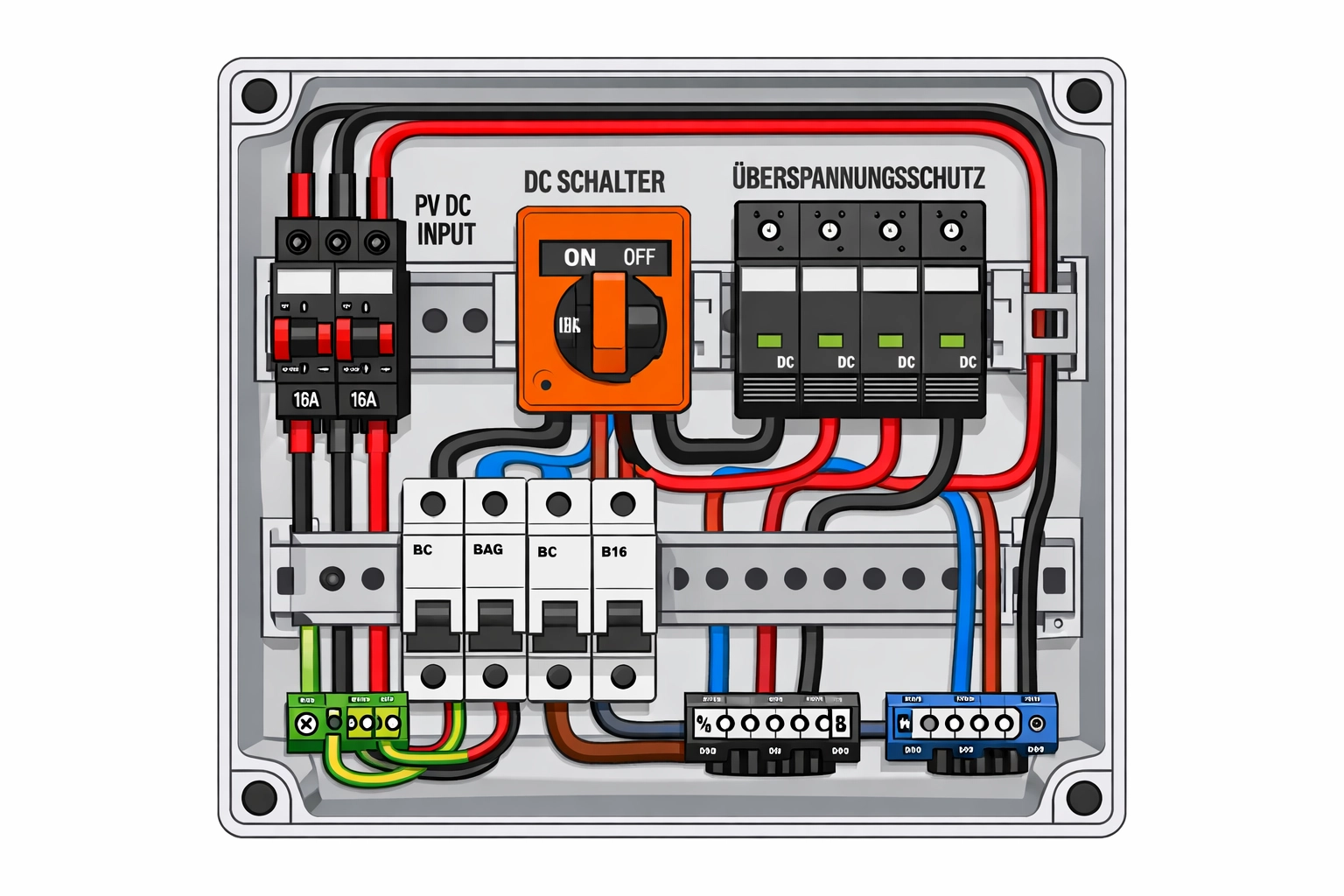 Innenansicht eines PV-Verteilerkastens mit Sicherungen und Überspannungsschutz.