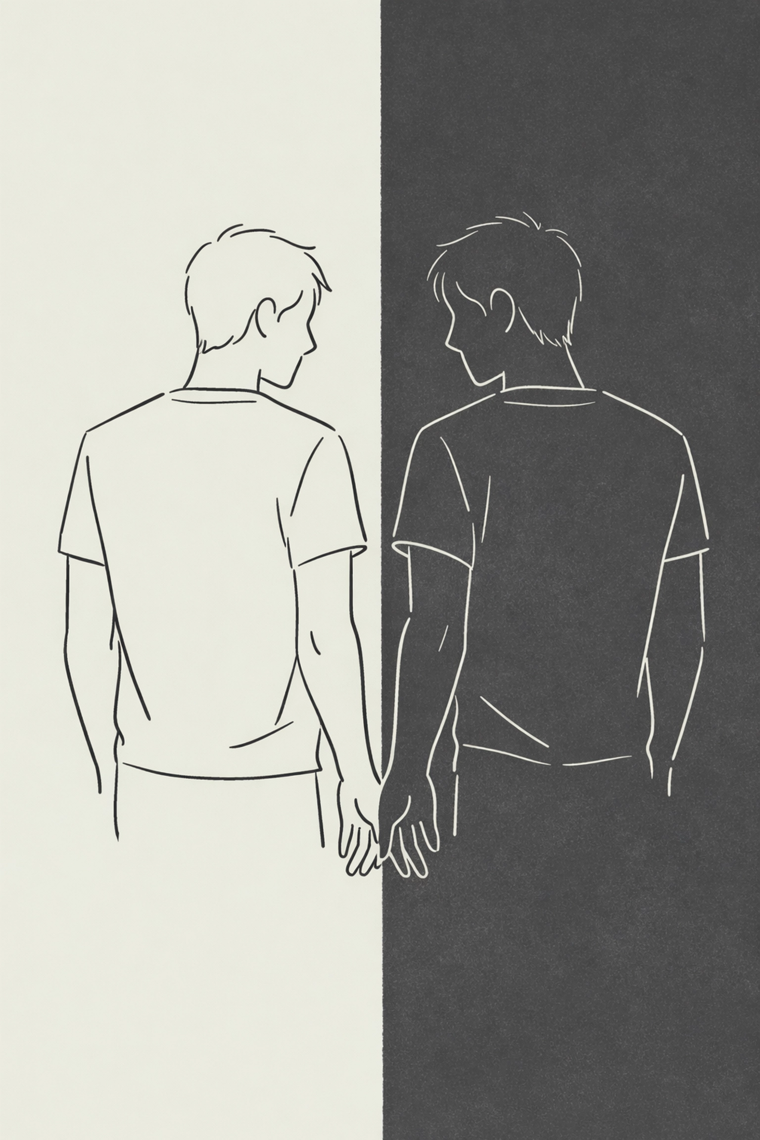 Male couple silhouettes representing duality in gay thriller Love in the Dark