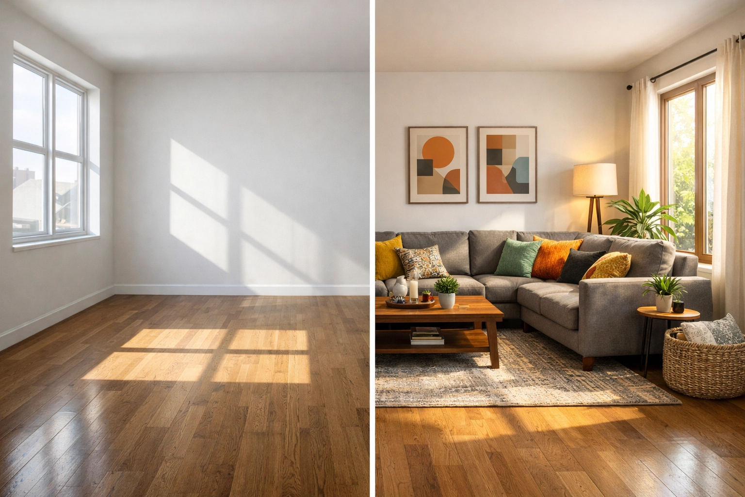 Side-by-side comparison: empty room versus virtually staged living room for real estate