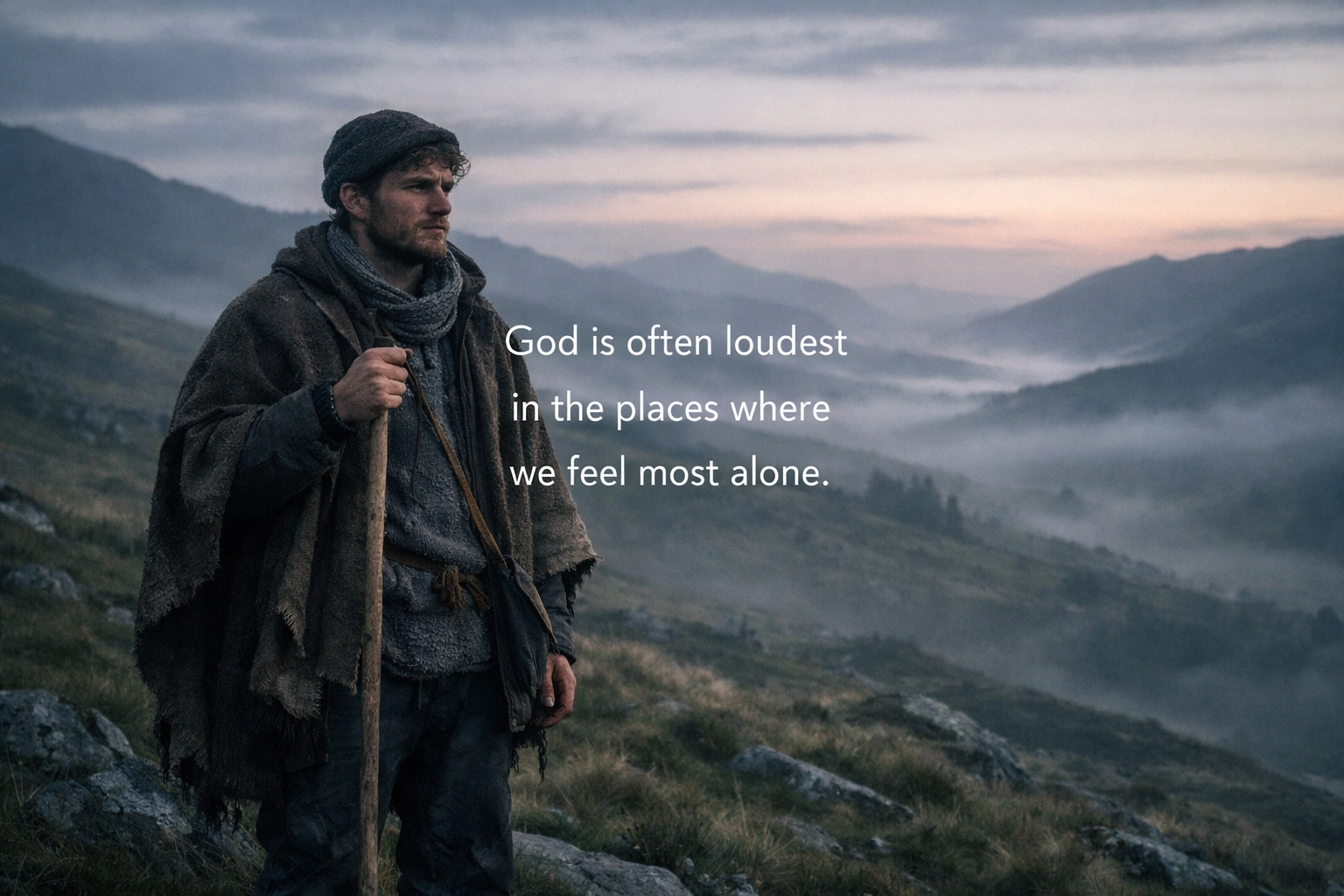 A lonely shepherd on a misty hill at dawn, representing St. Patrick finding real hope in a difficult place.