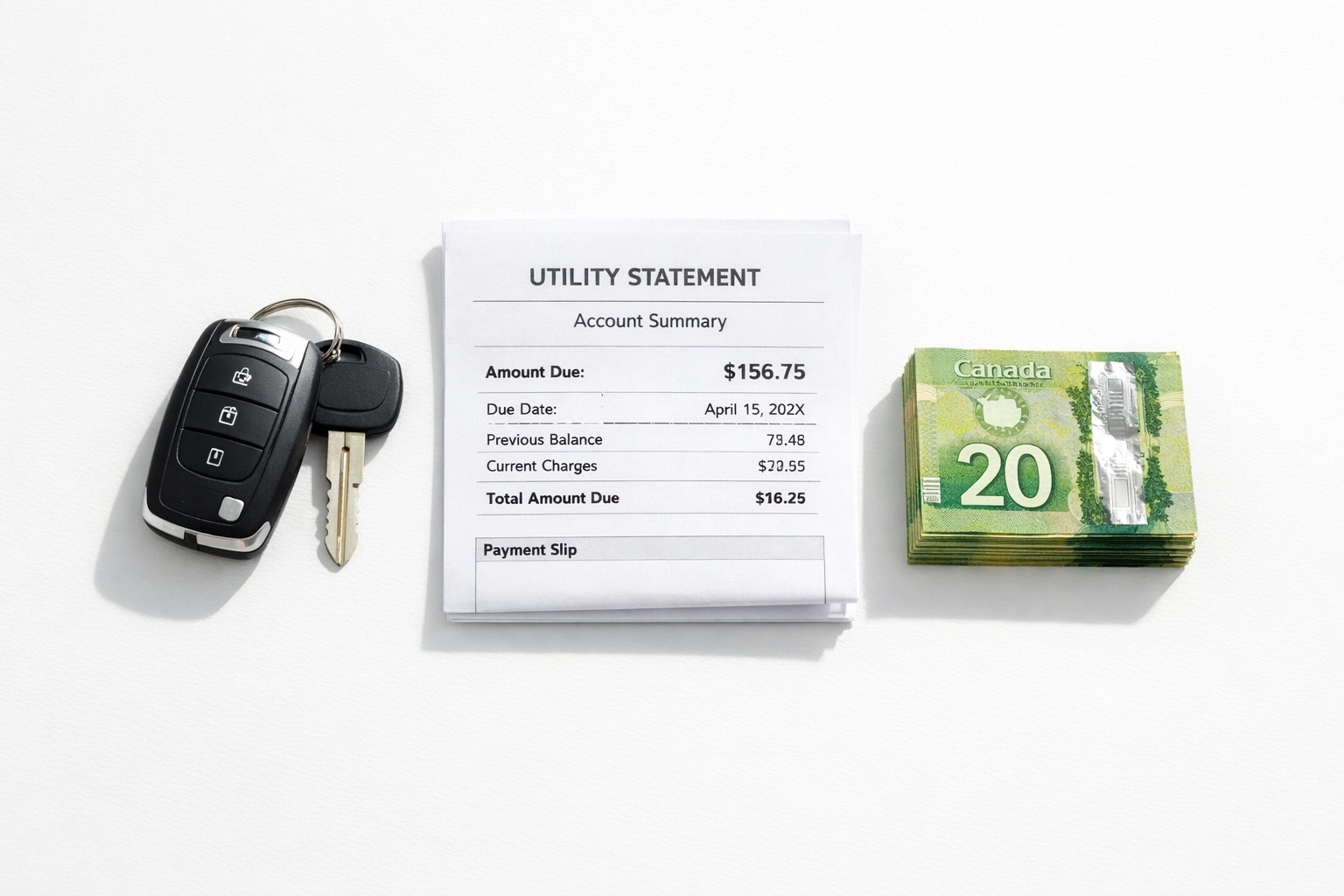 Canadian cash next to car keys and bills, illustrating how to use a short term loan for emergencies.