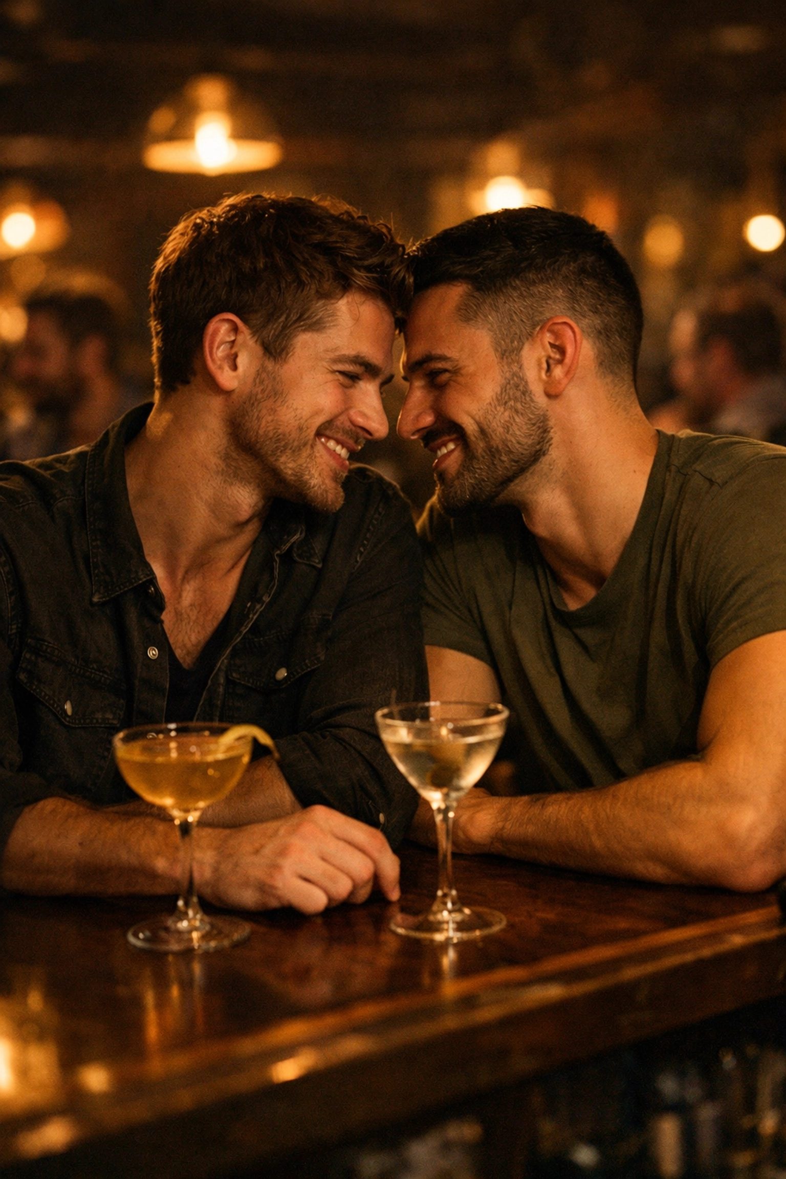 Two gay men connecting over drinks at intimate bar counter in cruising bar