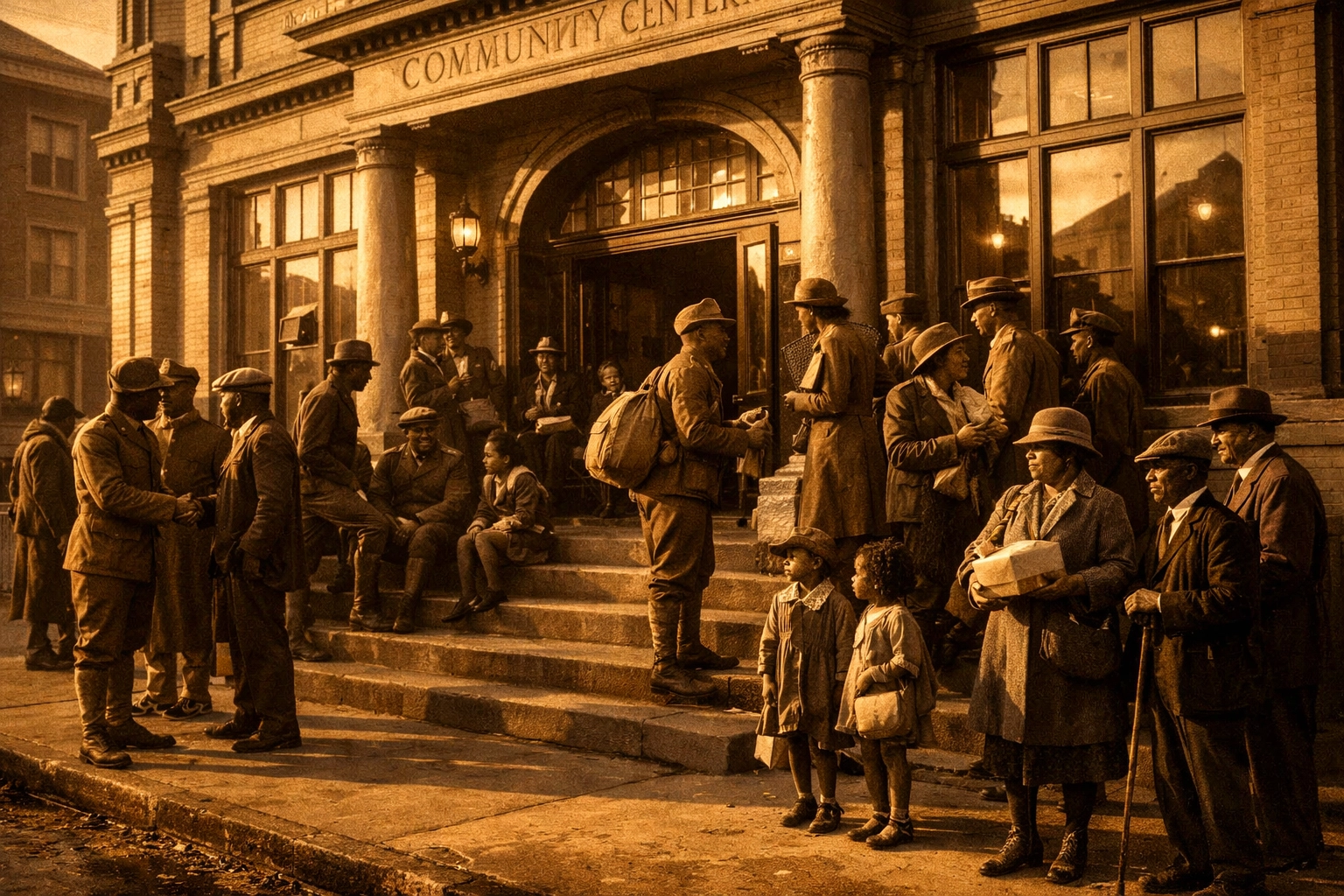 Black families and WWI soldiers gather at 1920s Fillmore District community building, founding of Booker T. Washington Center