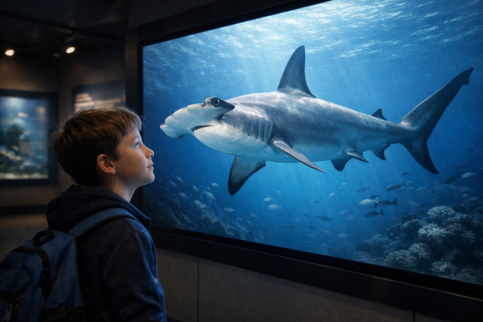 Aquarium visitor looking at a Hammerhead Shark digital display for species education.