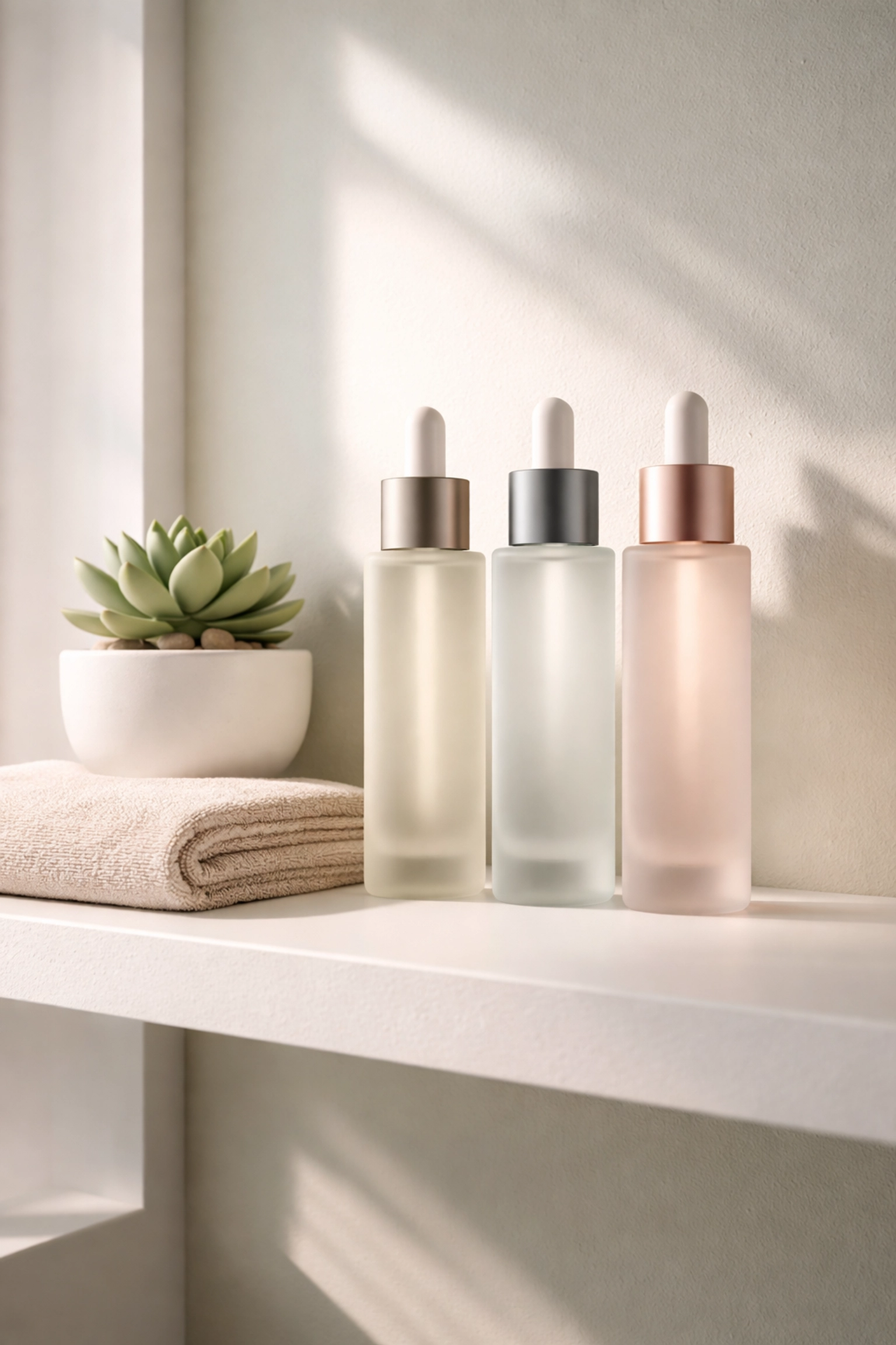 Minimalist bathroom shelf with serum bottles, representing organized skincare layering routine