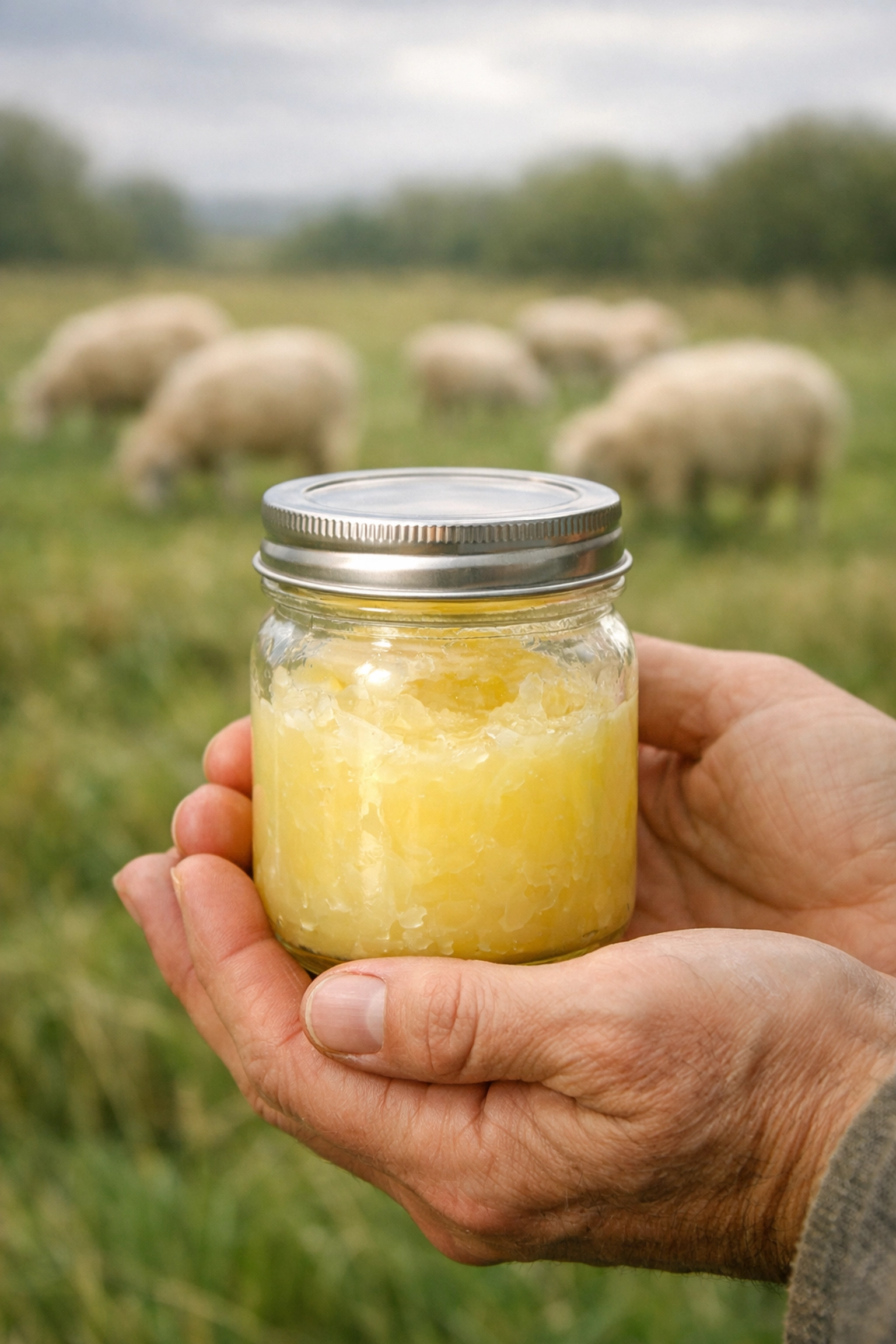 Jar of freshly extracted crude lanolin held against sheep grazing in farm pasture