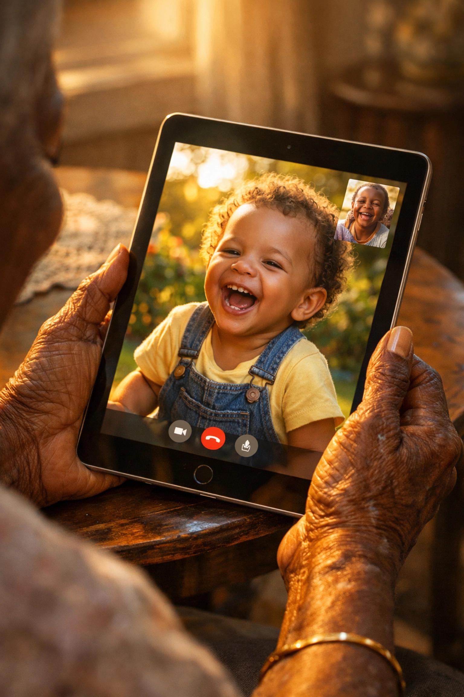 Elderly woman using an iPad for a video call with family, demonstrating digital literacy for seniors.
