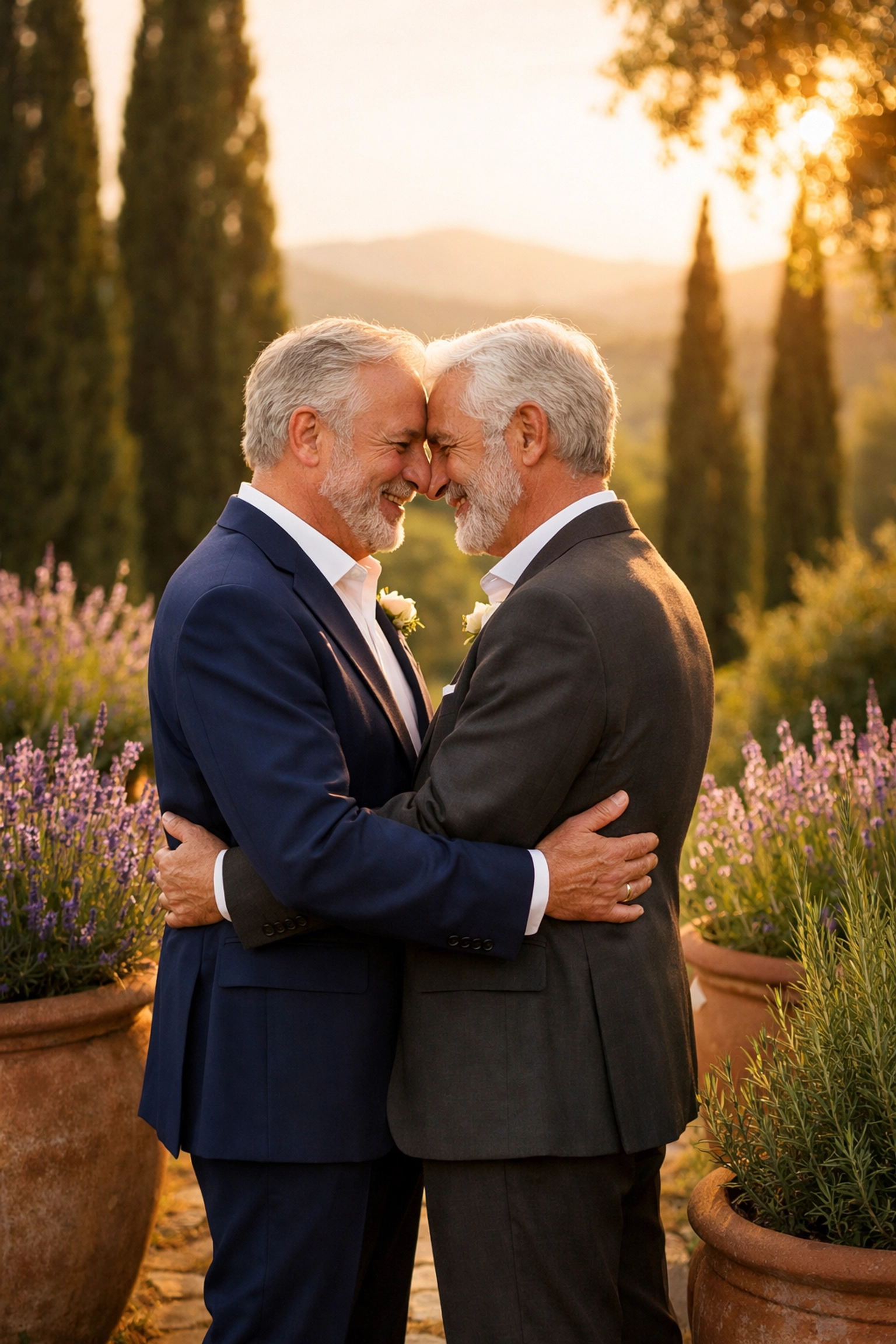 Senior gay couple embracing in Tuscan garden at their destination wedding