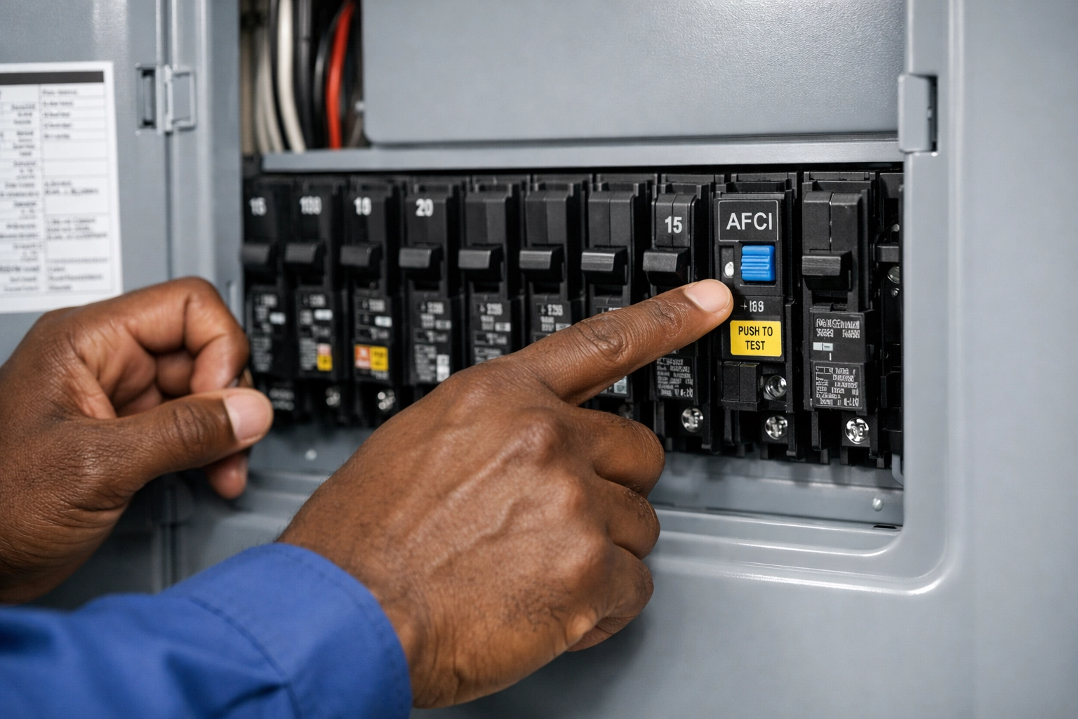 Electrician pointing to an AFCI breaker in a home electrical panel