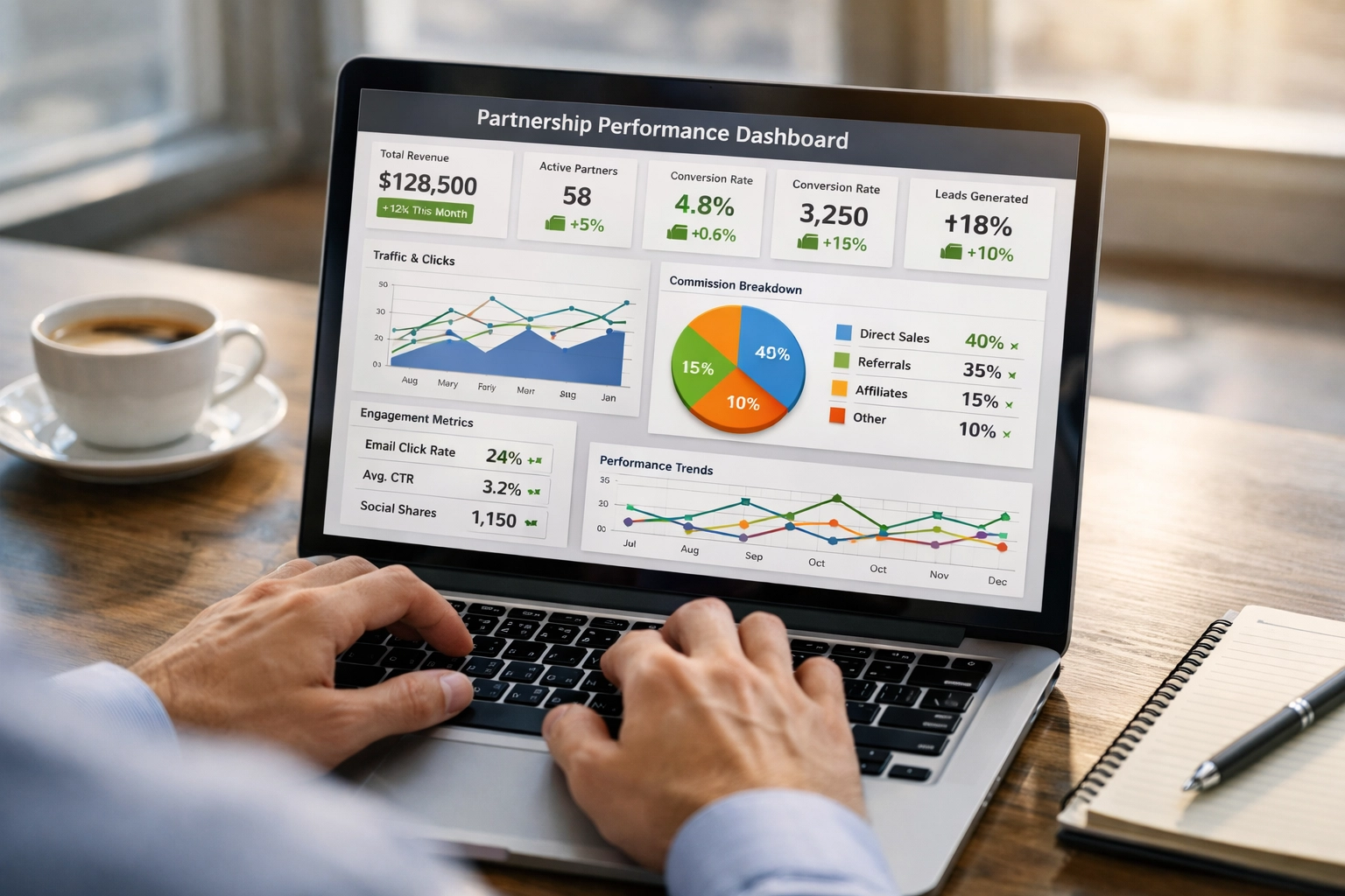 Partnership performance dashboard showing analytics and KPI metrics on laptop for venue operators