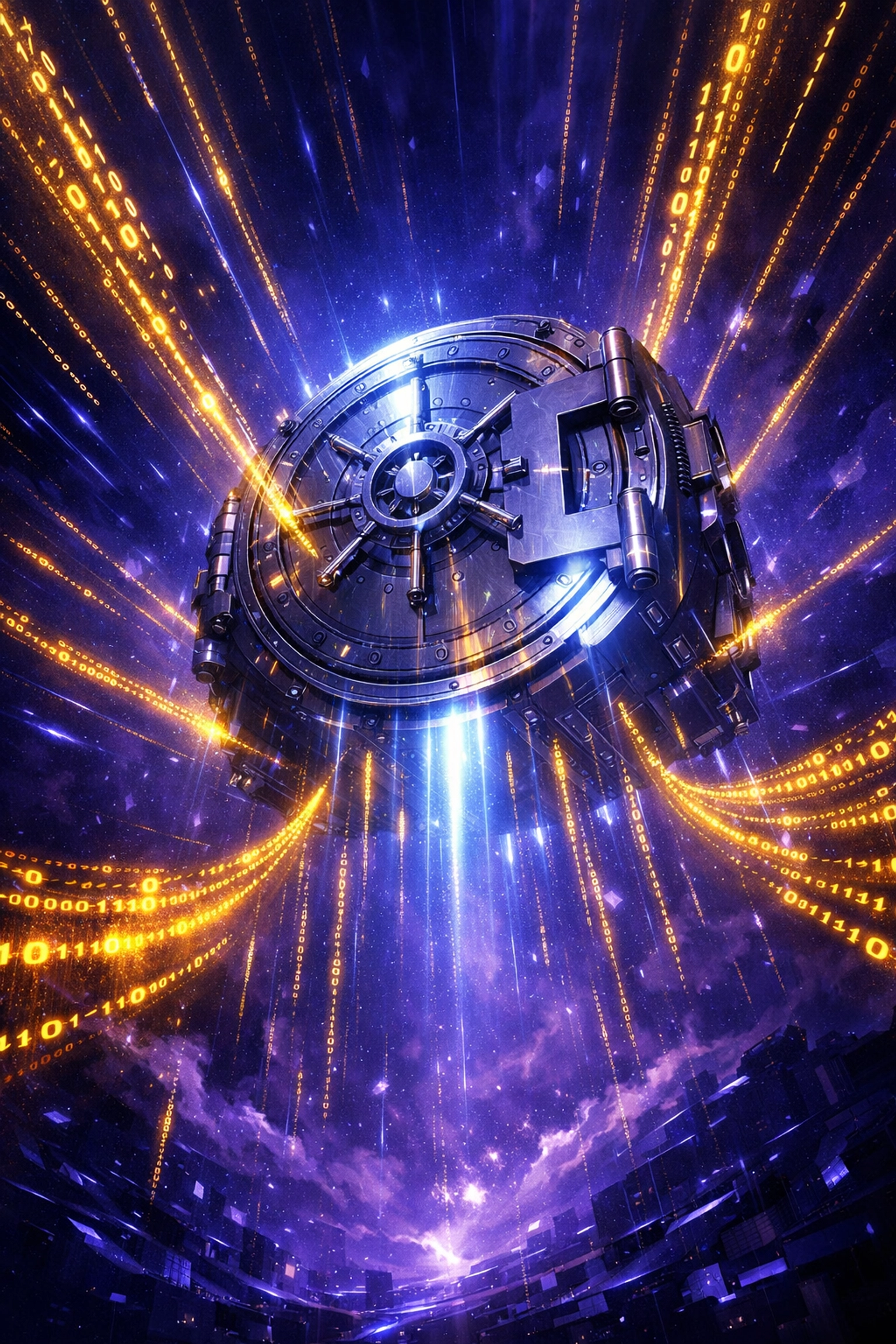 A secure digital vault door in the cloud protecting automated data backups for business disaster recovery.