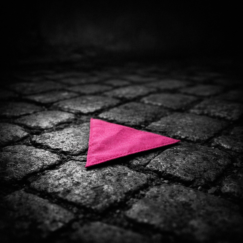 Pink triangle Holocaust symbol on cobblestones memorializing persecuted gay men