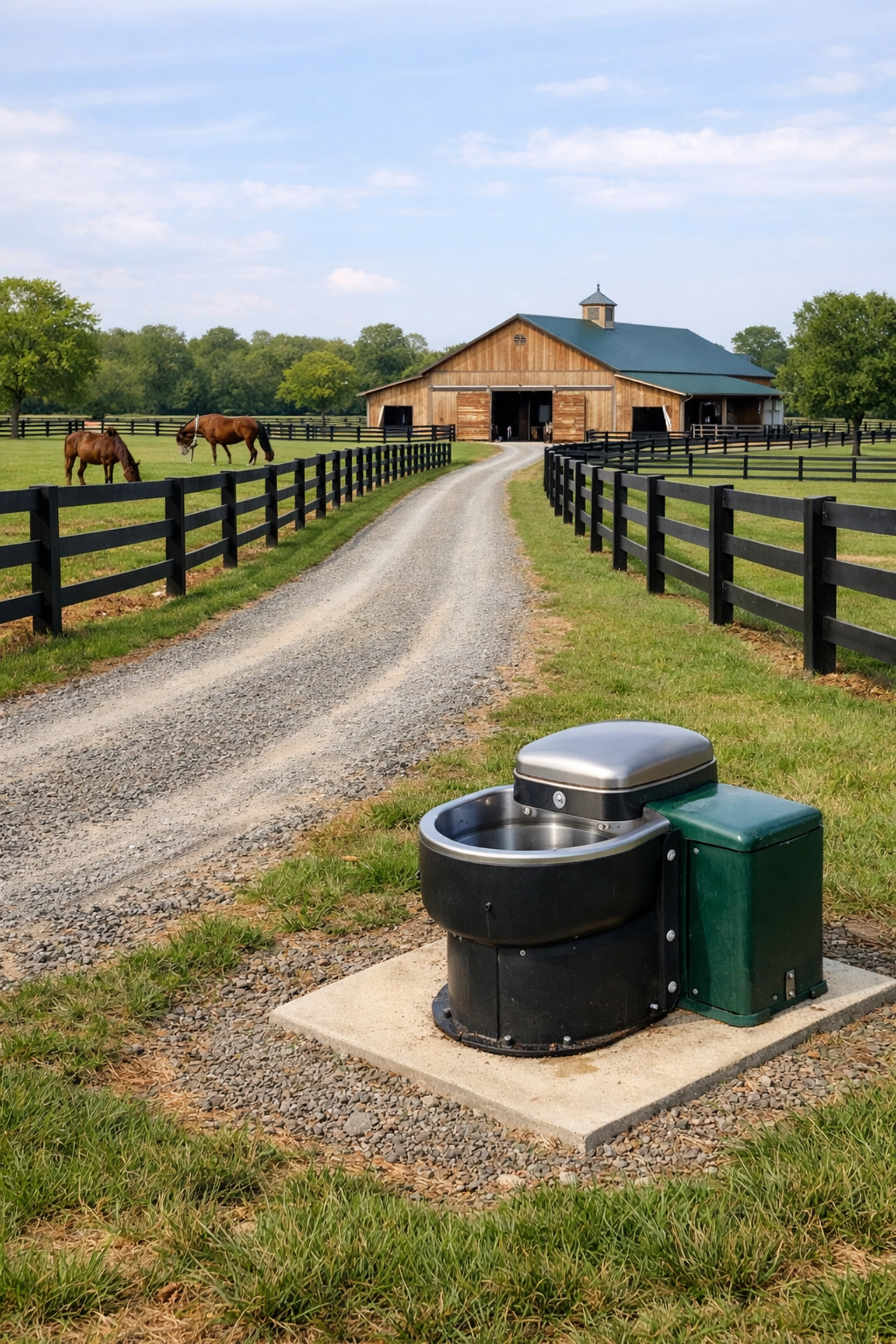 Well-maintained horse farm infrastructure with barn and fencing in York County SC