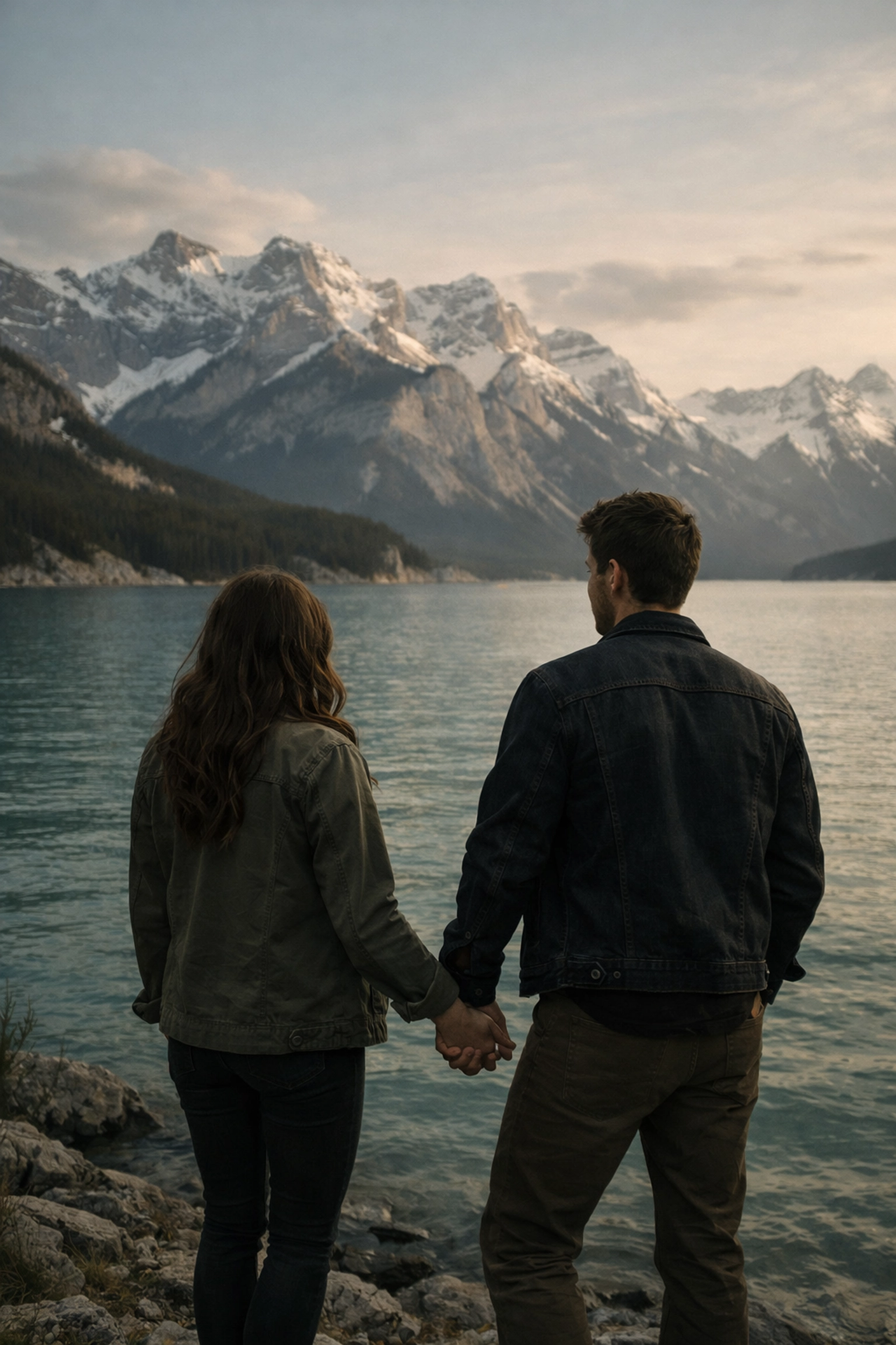 Couple at Lake Minnewanka with Rocky Mountains during affordable Banff elopement package