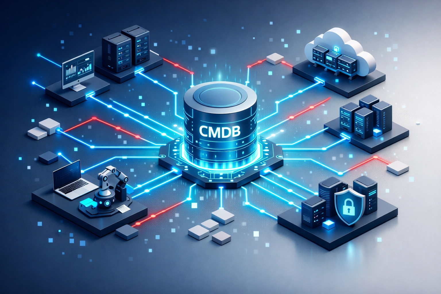 ServiceNow CMDB infrastructure showing network connections and data accuracy visualization