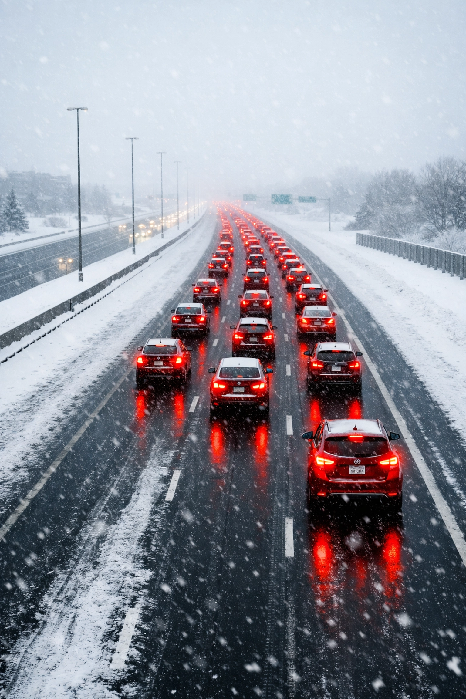 Heavy traffic and snowy road conditions on Ottawa's Highway 417 Queensway during a winter morning.
