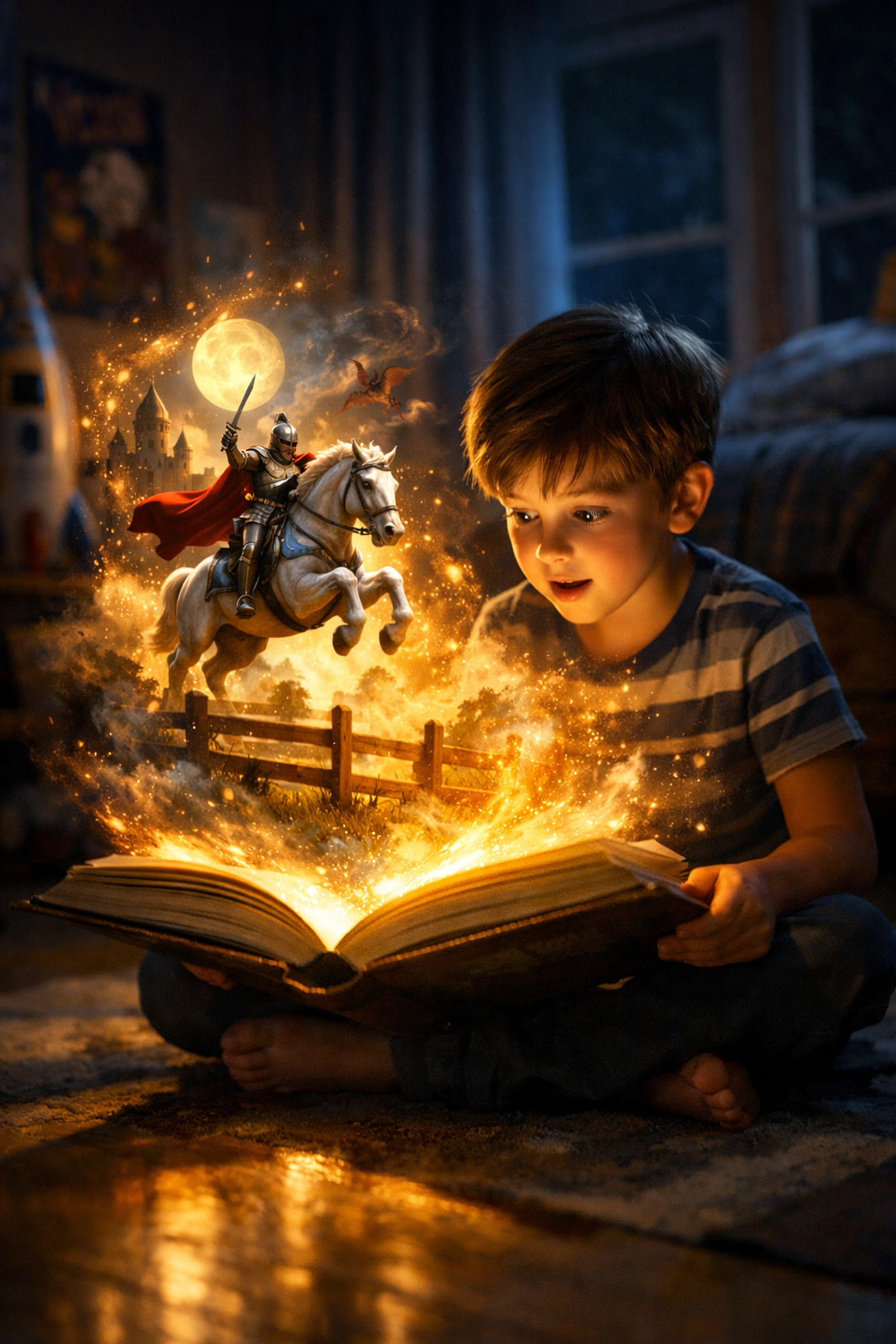 A boy reading an adventure book for kids as a medieval knight magically emerges from the glowing pages.