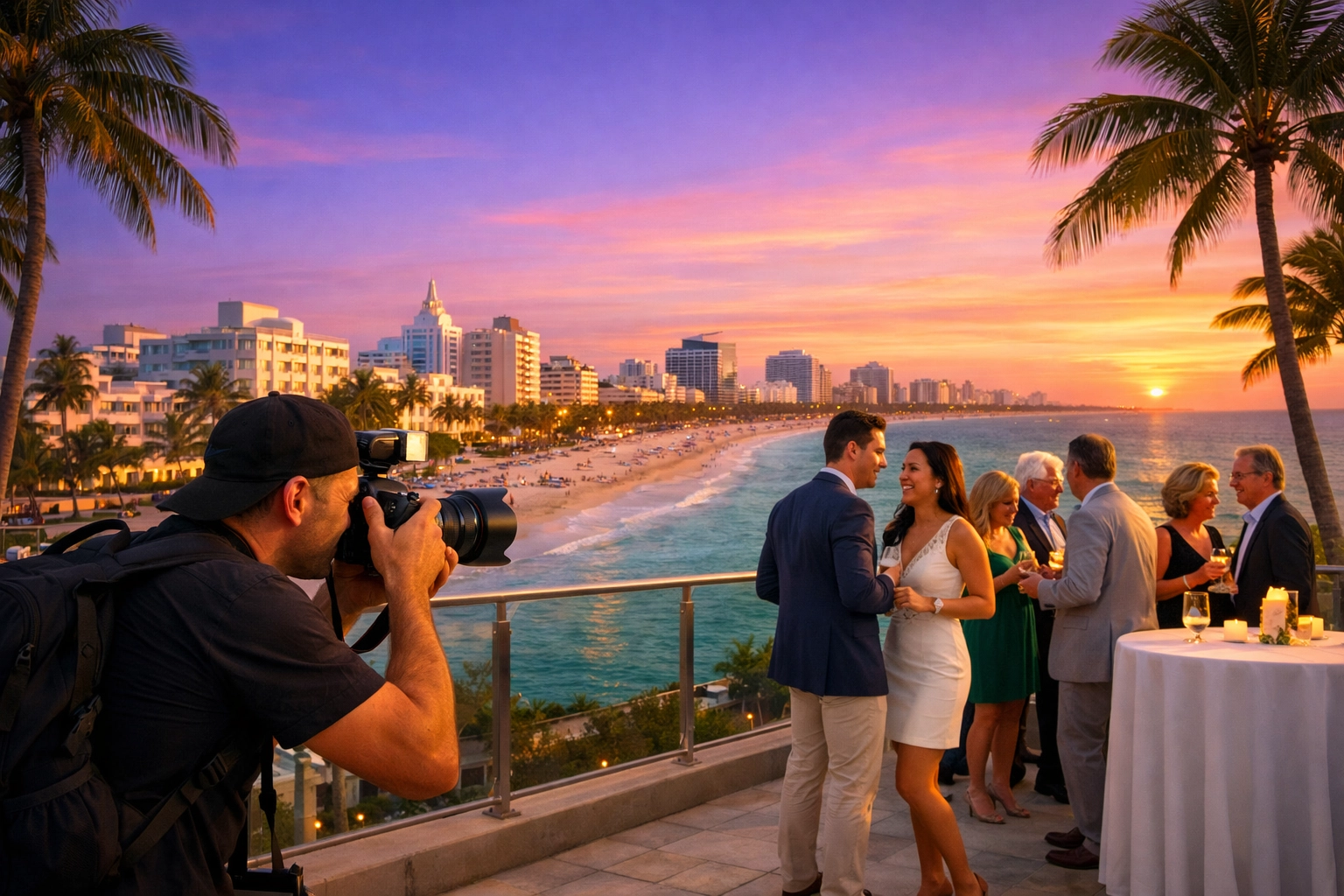 Event photography Miami showing a pro capturing guests during a beachside corporate reception at sunset.