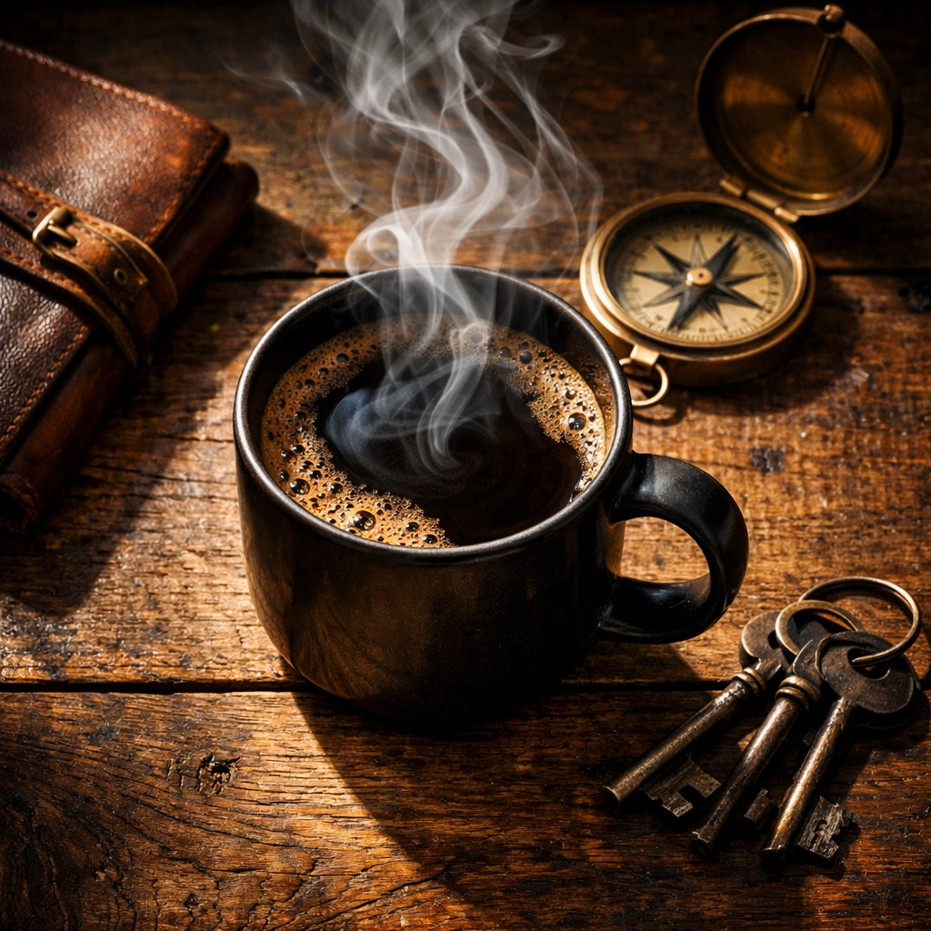 A steaming mug of clean Peacemaker coffee on a workbench, providing premium fuel for visionary minds.