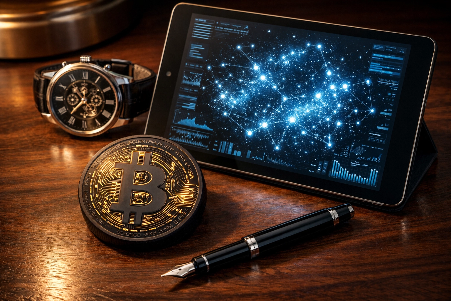 A Bitcoin coin on a professional desk showing institutional digital asset integration and data-driven wealth preservation.