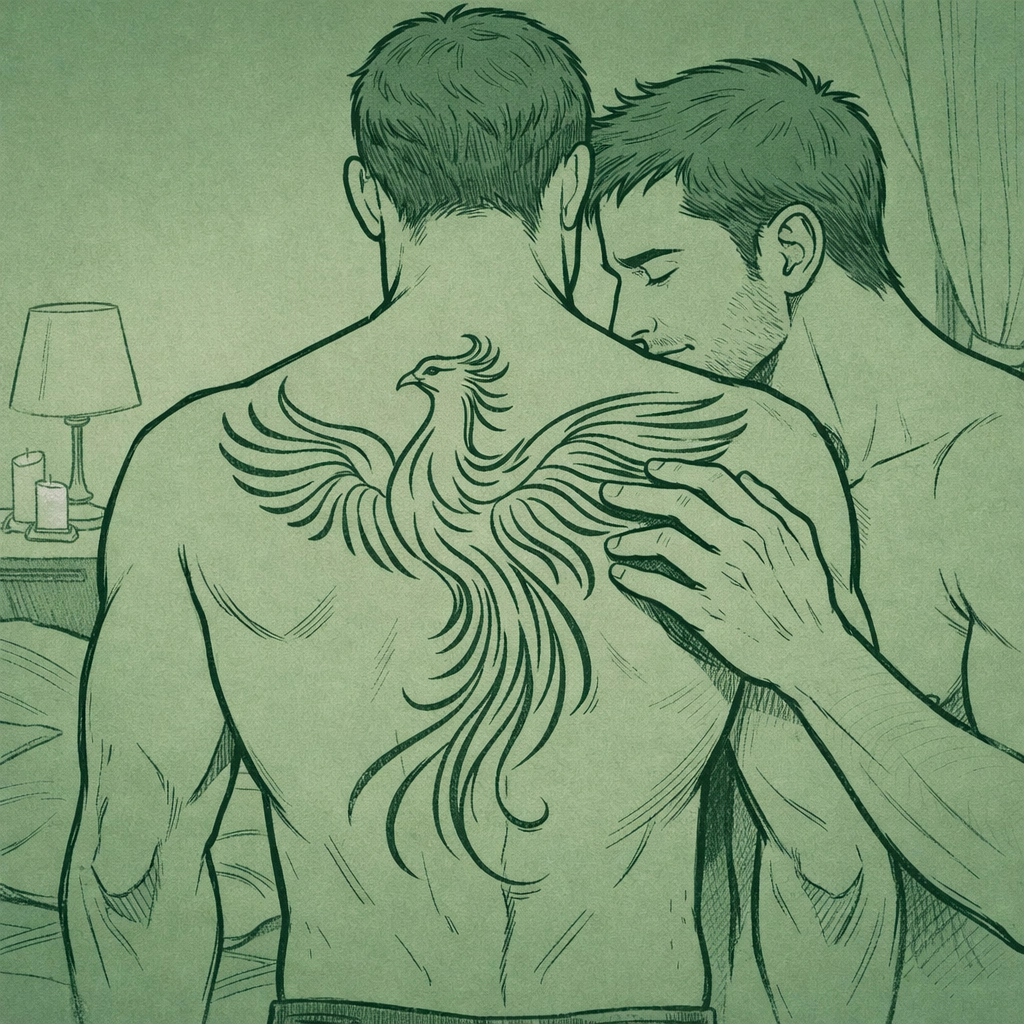 Gay couple embracing, man's phoenix back tattoo symbolizing rebirth and spiritual transformation