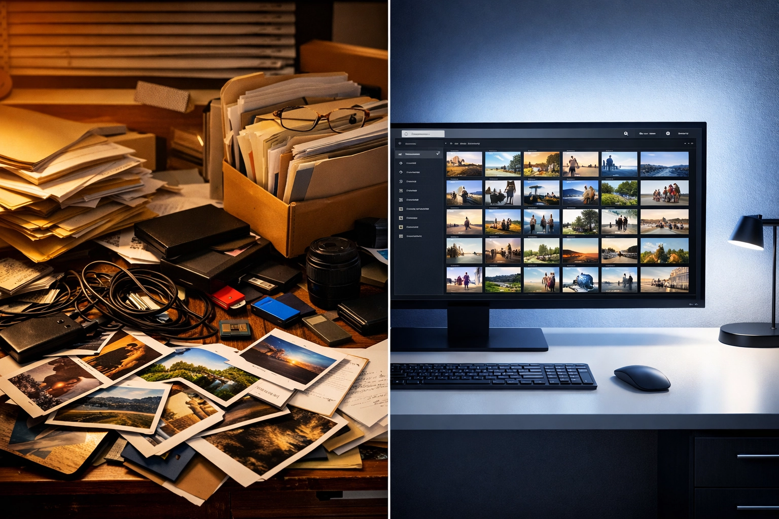 Split view comparing disorganized physical media storage versus organized digital media asset management system