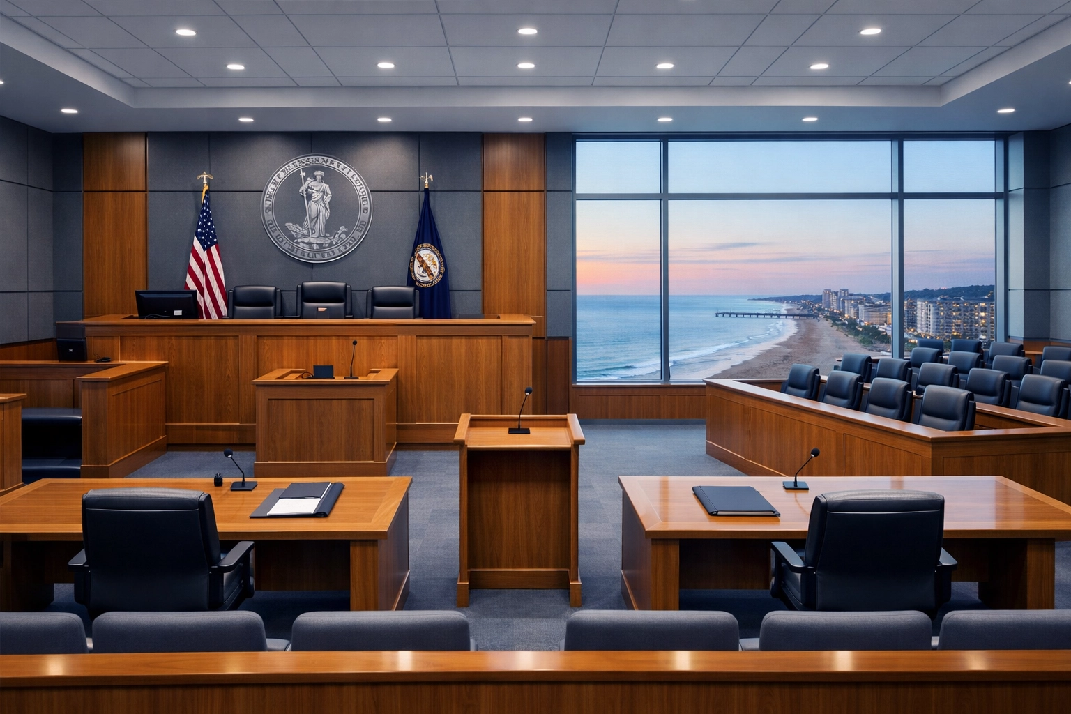 Modern courtroom interior in Virginia Beach symbolizing established relationships with local divorce judges.