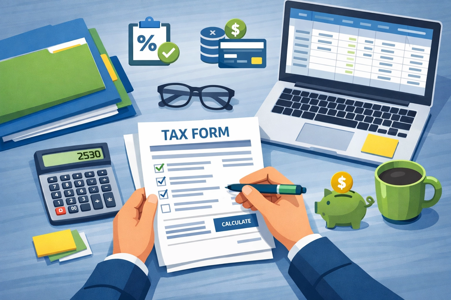 Professional tax preparer reviewing documents and deductions for client