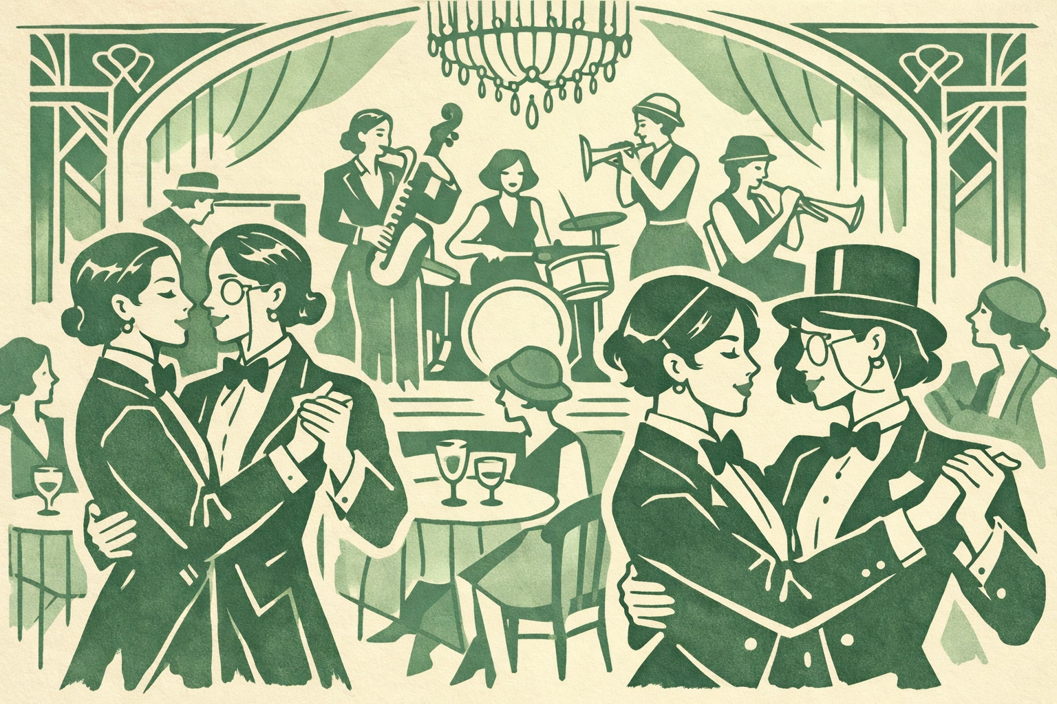 Interior of Le Monocle showing women in tuxedos dancing at the legendary 1930s Paris lesbian nightclub