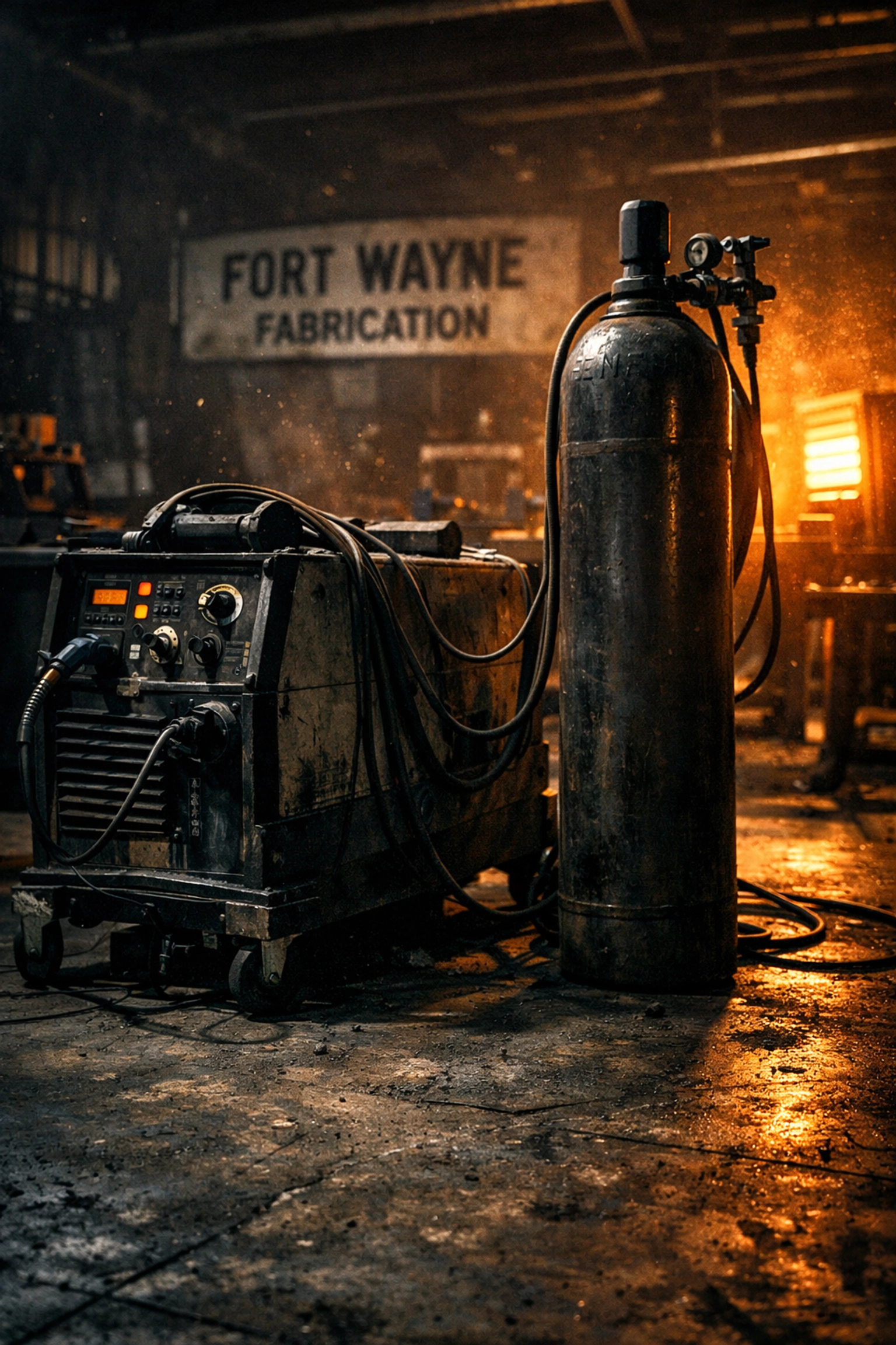 Welding bay with gas cylinder in Fort Wayne shop, supporting never-run-out welding gas delivery