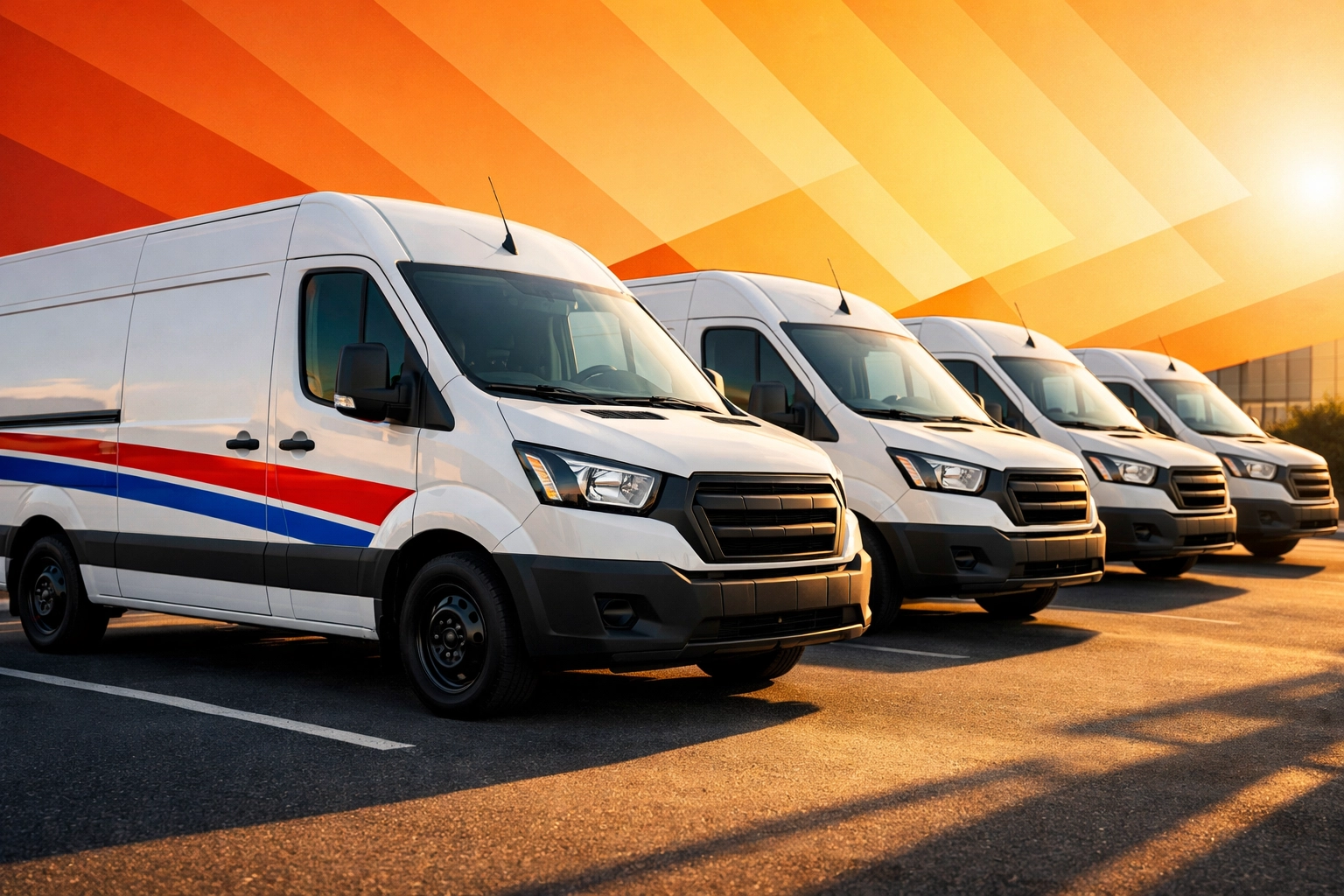 Fleet of white delivery vans with matching red and blue vehicle stripes showing consistent corporate branding