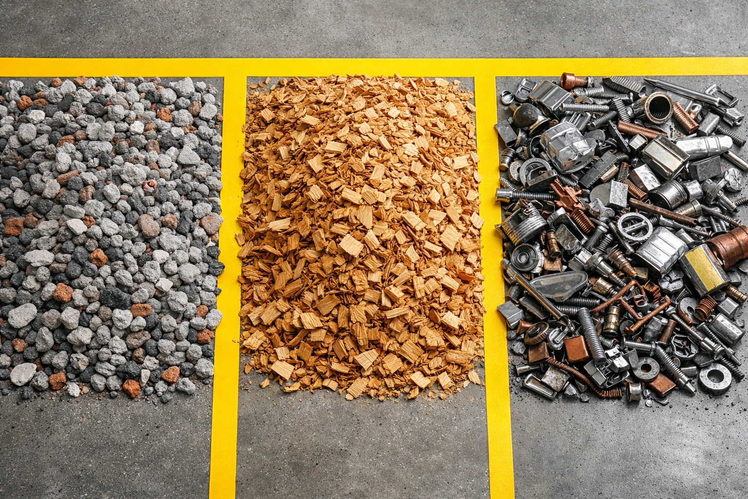 Sorted recycled aggregates, timber, and metal ready for reuse under a zero-waste policy.